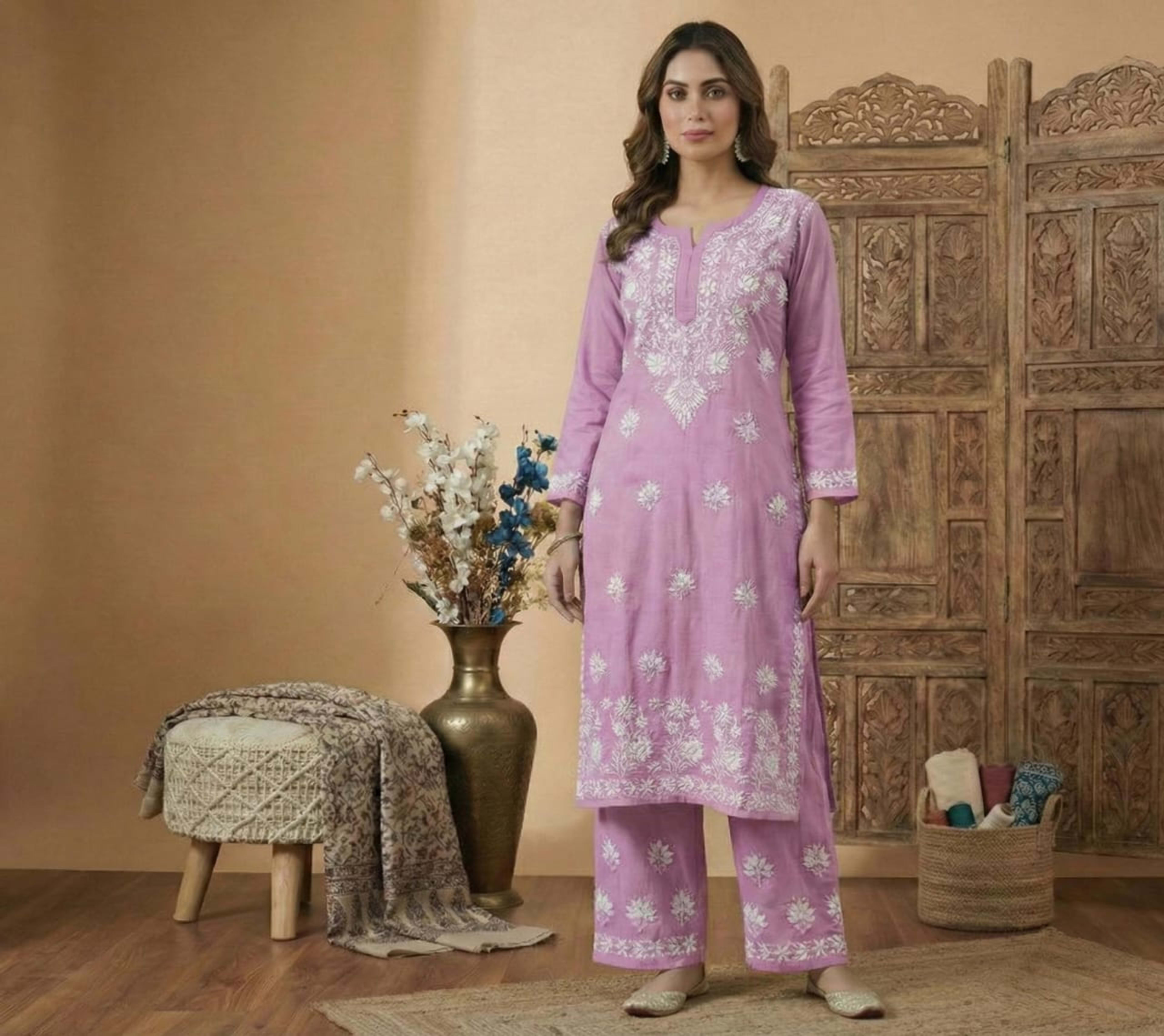 Premium Rayon Chikankari Straight Kurti with Palazzo Set (Pastel Collection) - Authentic Lucknowi Chikankari - Pairahan Chikan