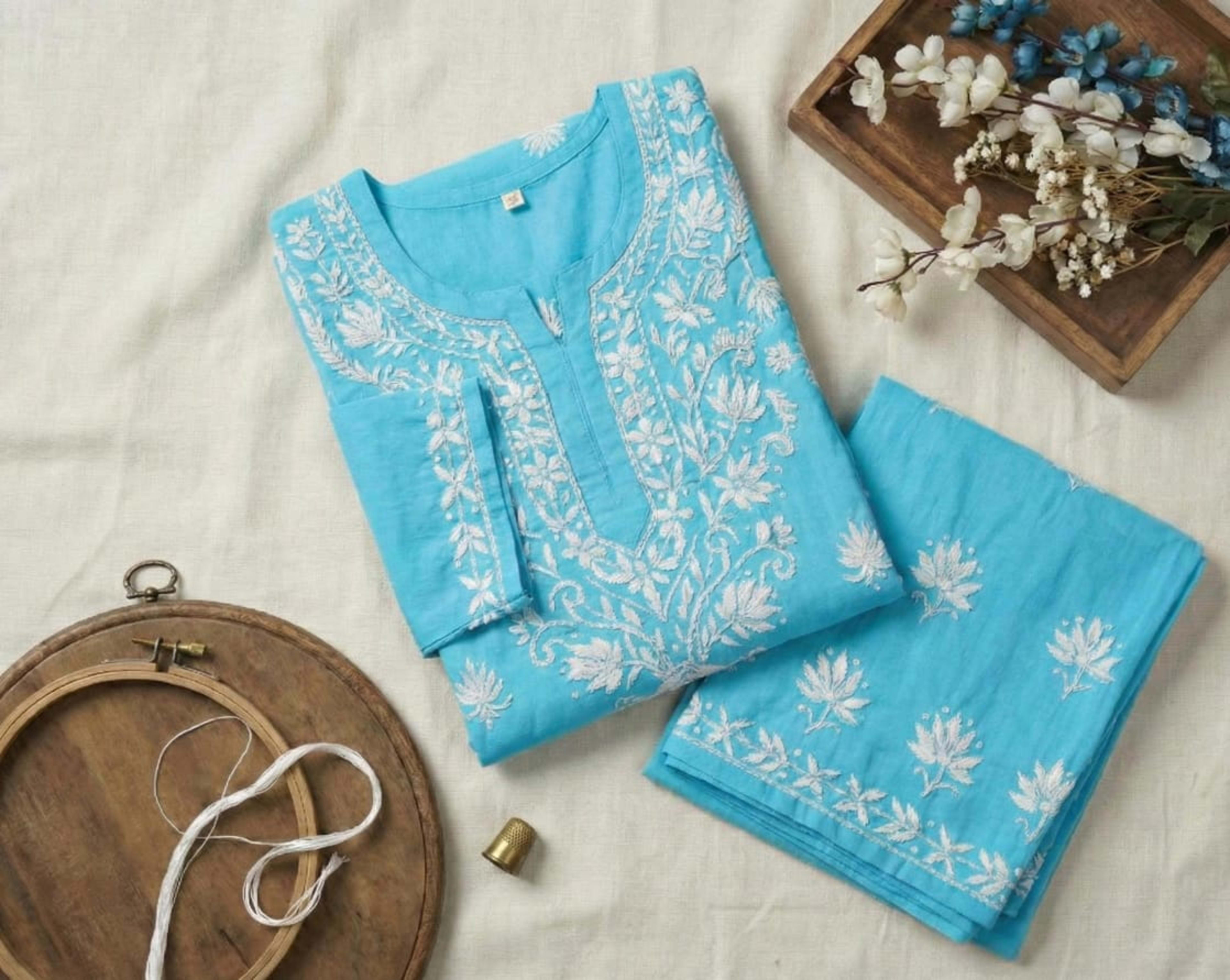 Premium Rayon Chikankari Straight Kurti with Palazzo Set (Pastel Collection) Lucknowi Chikankari - Full view 3