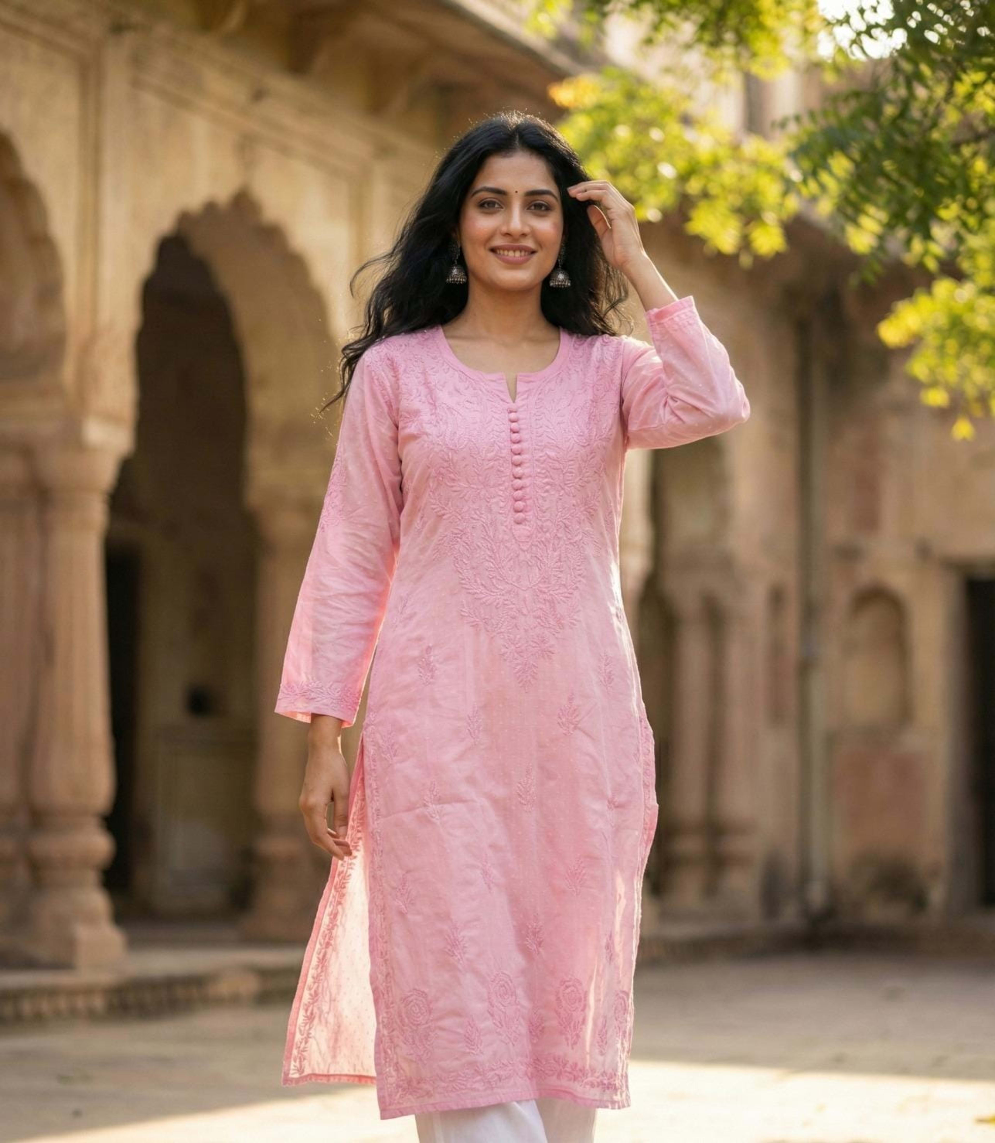 Premium Dobby Weave Cotton Handwork Kurta for Women (Opaque - No Inner Required) Lucknowi Chikankari - Full view 1