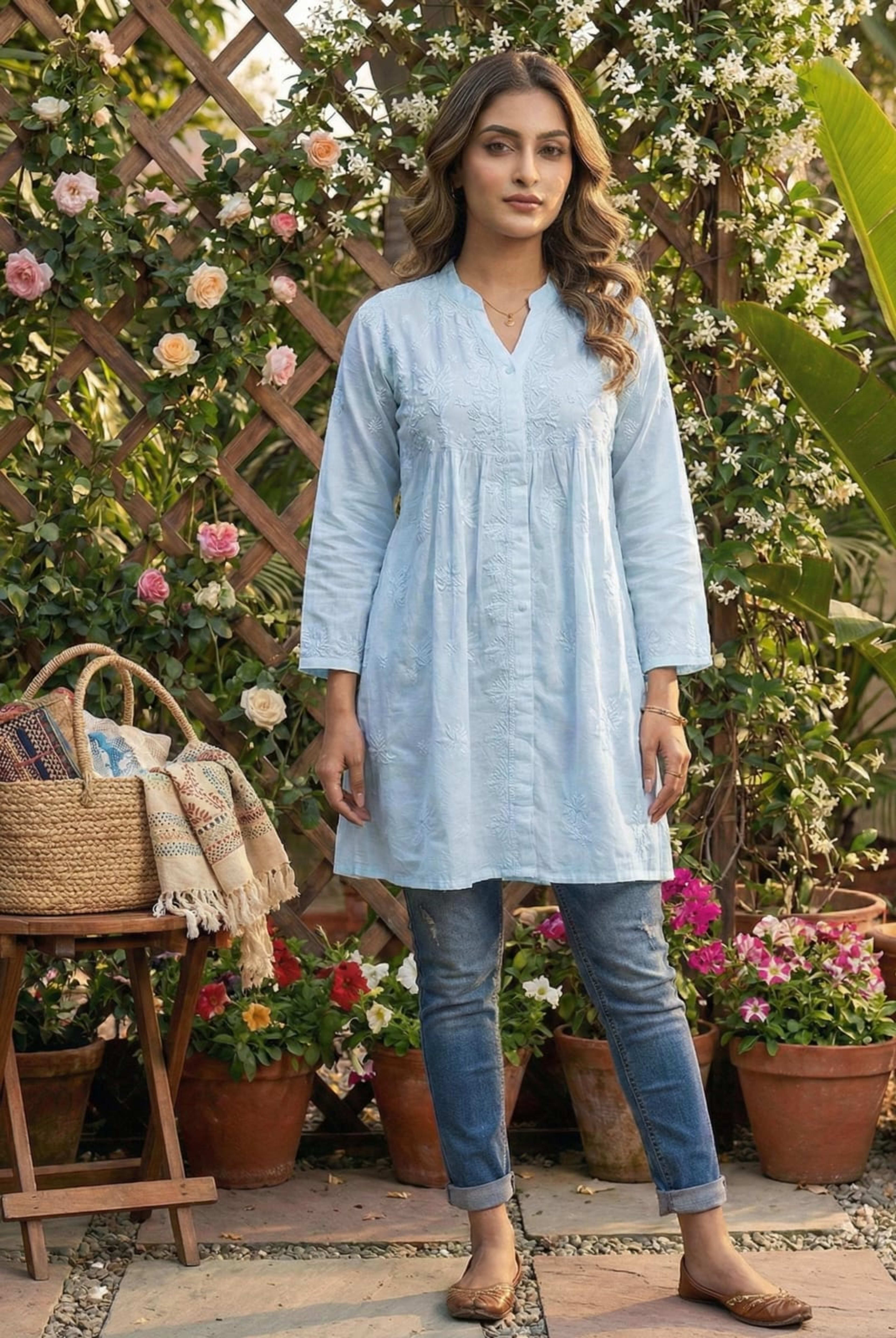 Premium Lucknowi Chikankari Short Anarkali (16kg Heavy Rayon) Lucknowi Chikankari - Full view 16