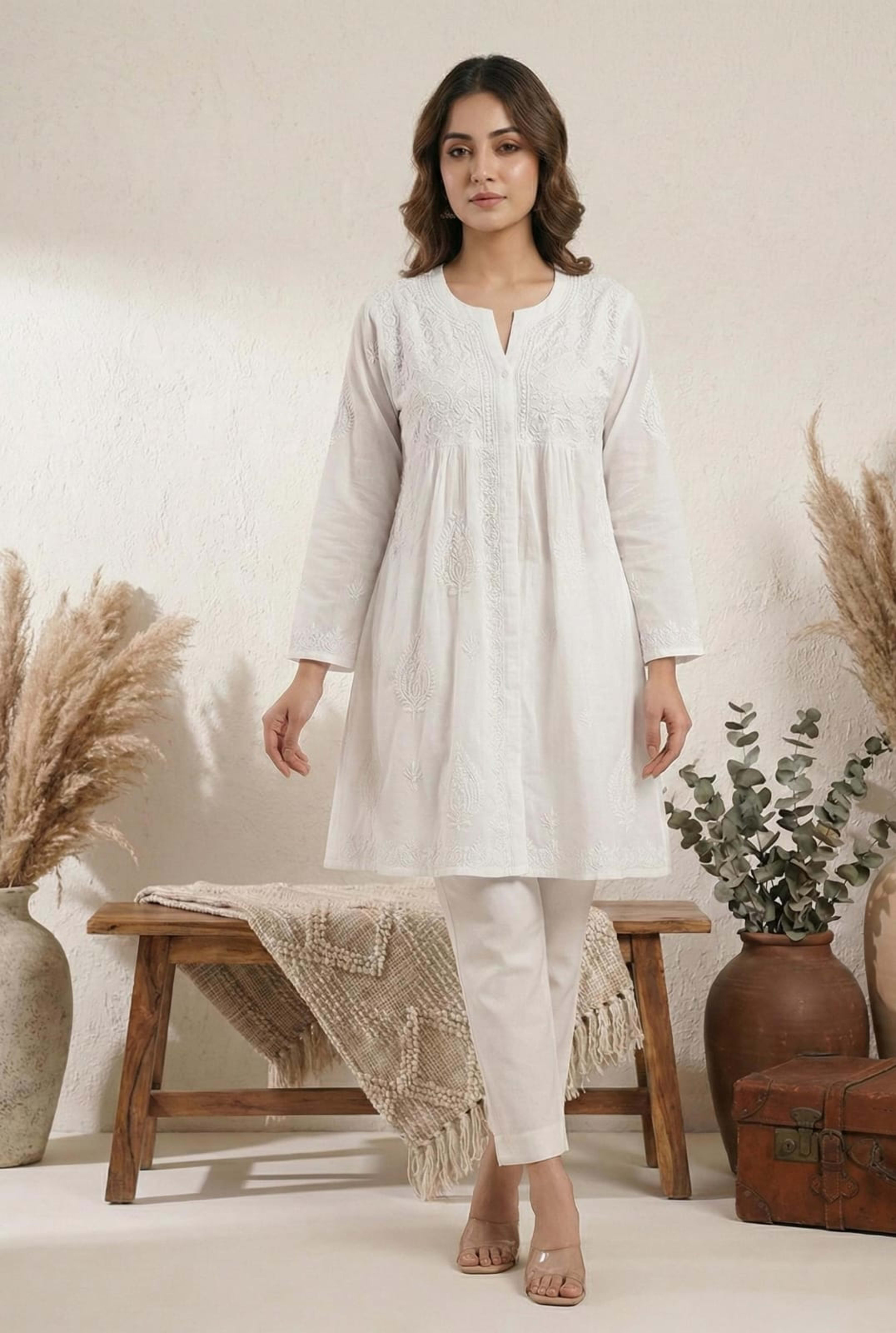 Premium 16kg Rayon Pleated Short Kurti (V-Neck with Buttons) - Authentic Lucknowi Chikankari - Size 48-60 - Pairahan Chikan