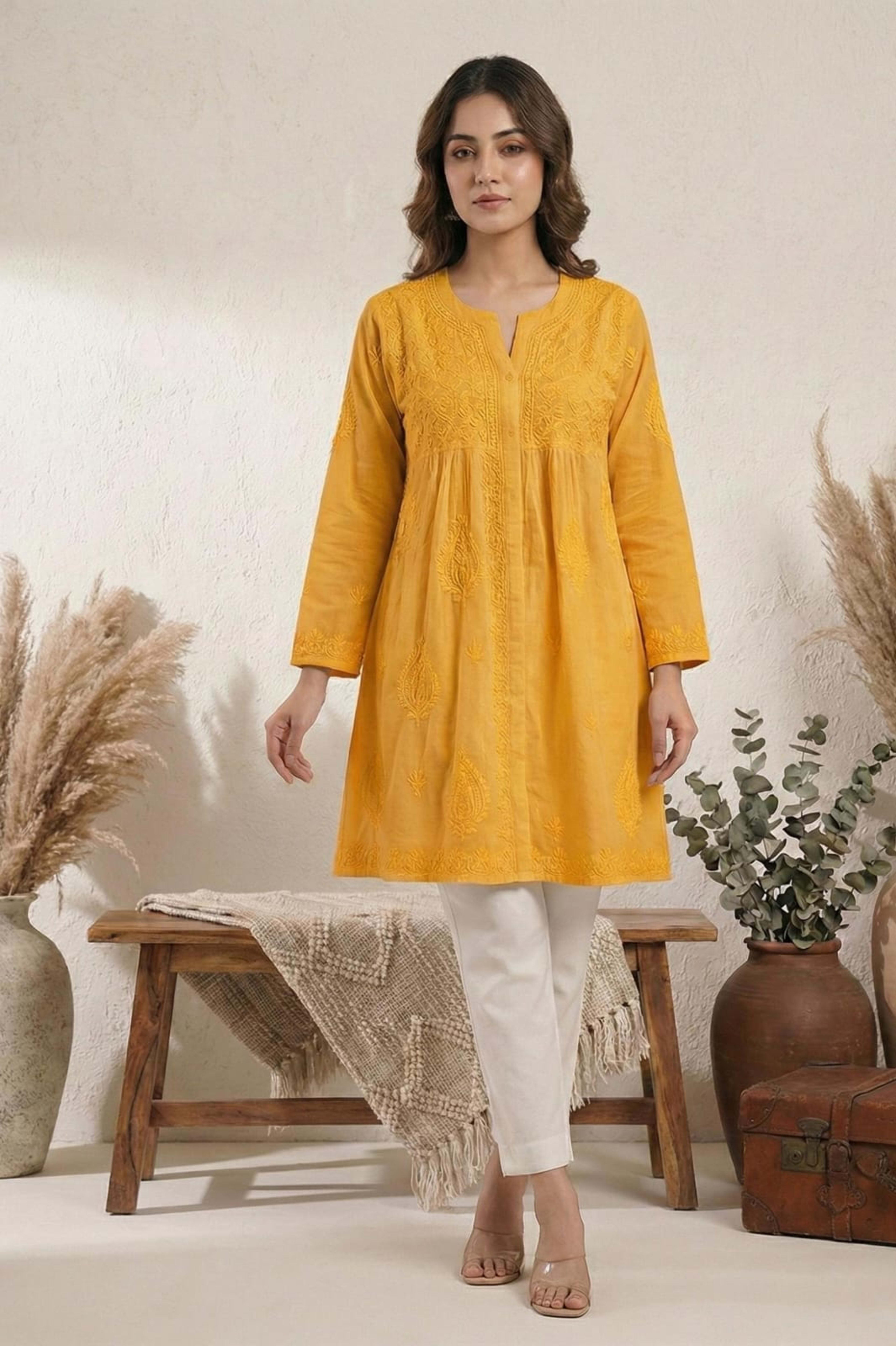 Premium 16kg Rayon Pleated Short Kurti (V-Neck with Buttons) Lucknowi Chikankari - Full view 2