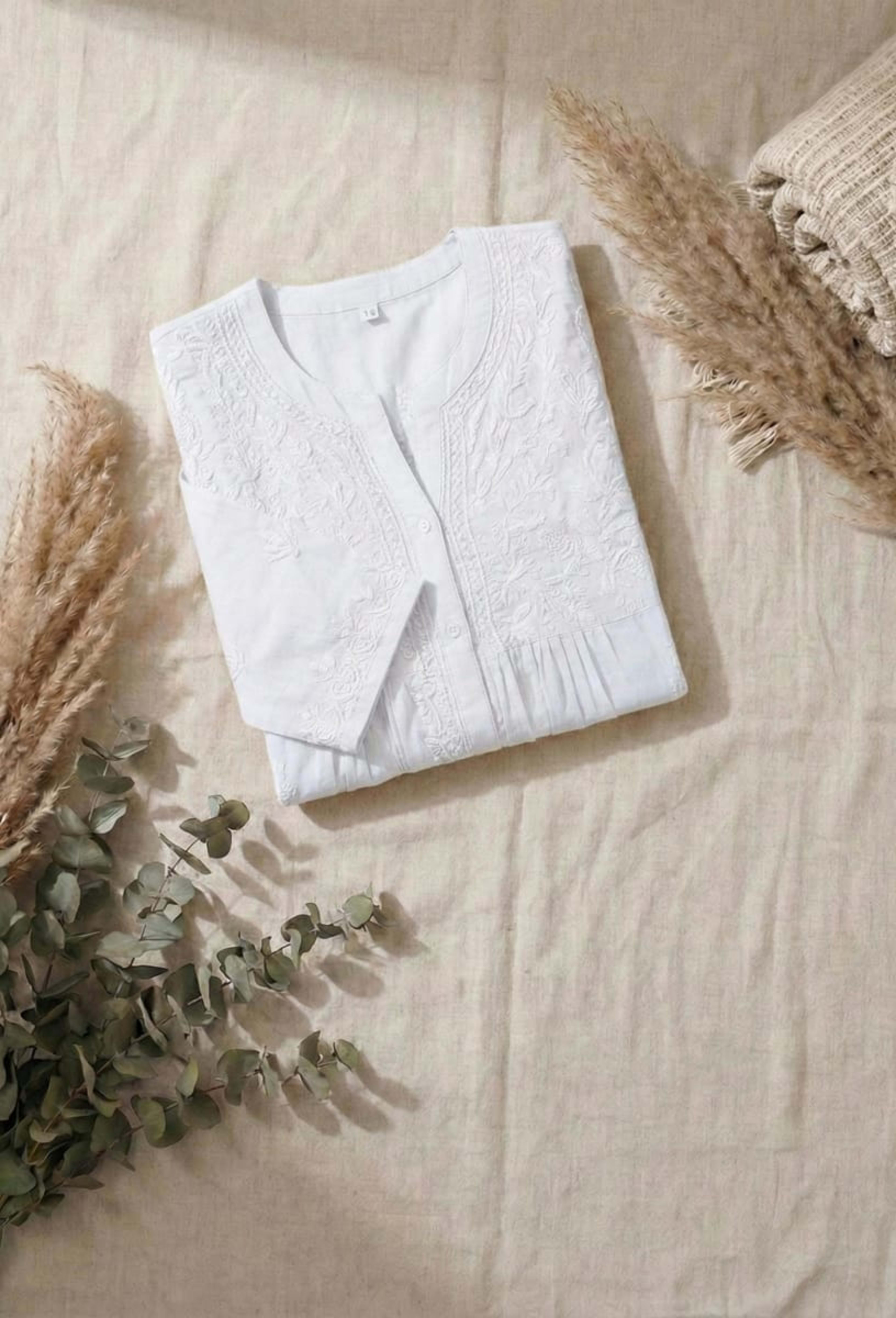 Premium 16kg Rayon Pleated Short Kurti (V-Neck with Buttons) Lucknowi Chikankari - Full view 3