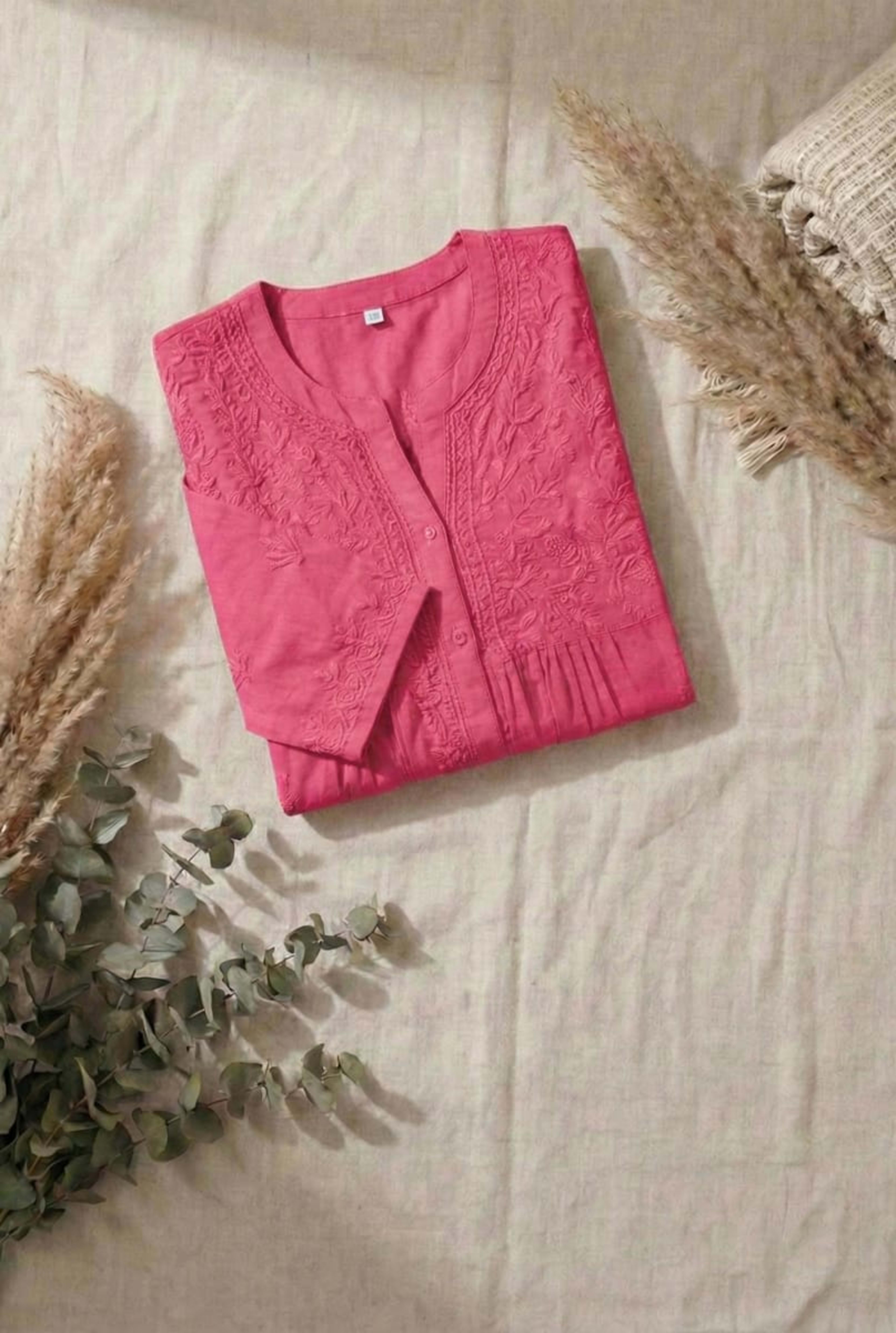 Premium 16kg Rayon Pleated Short Kurti (V-Neck with Buttons) Lucknowi Chikankari - Full view 5