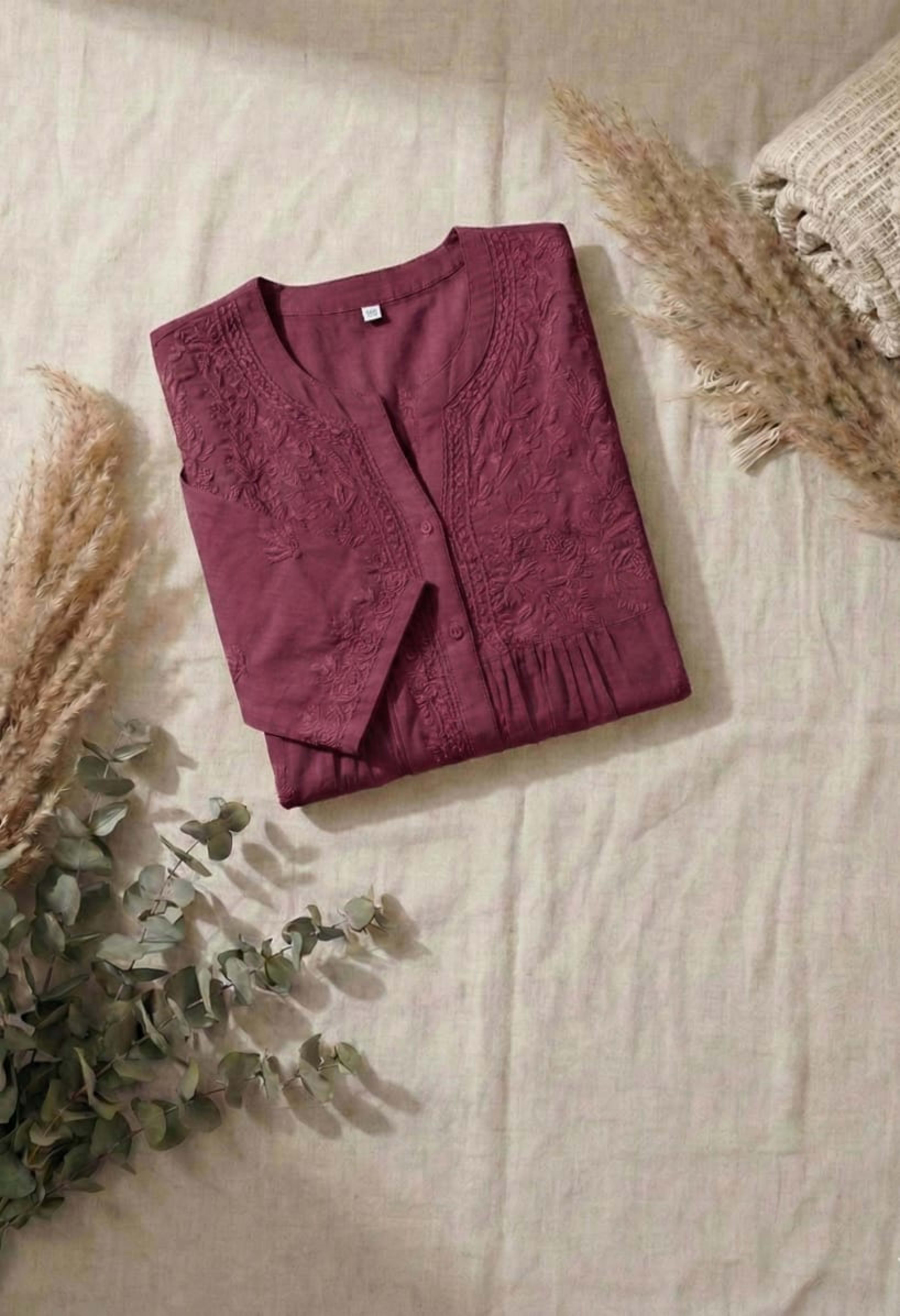 Premium 16kg Rayon Pleated Short Kurti (V-Neck with Buttons) Lucknowi Chikankari - Full view 8