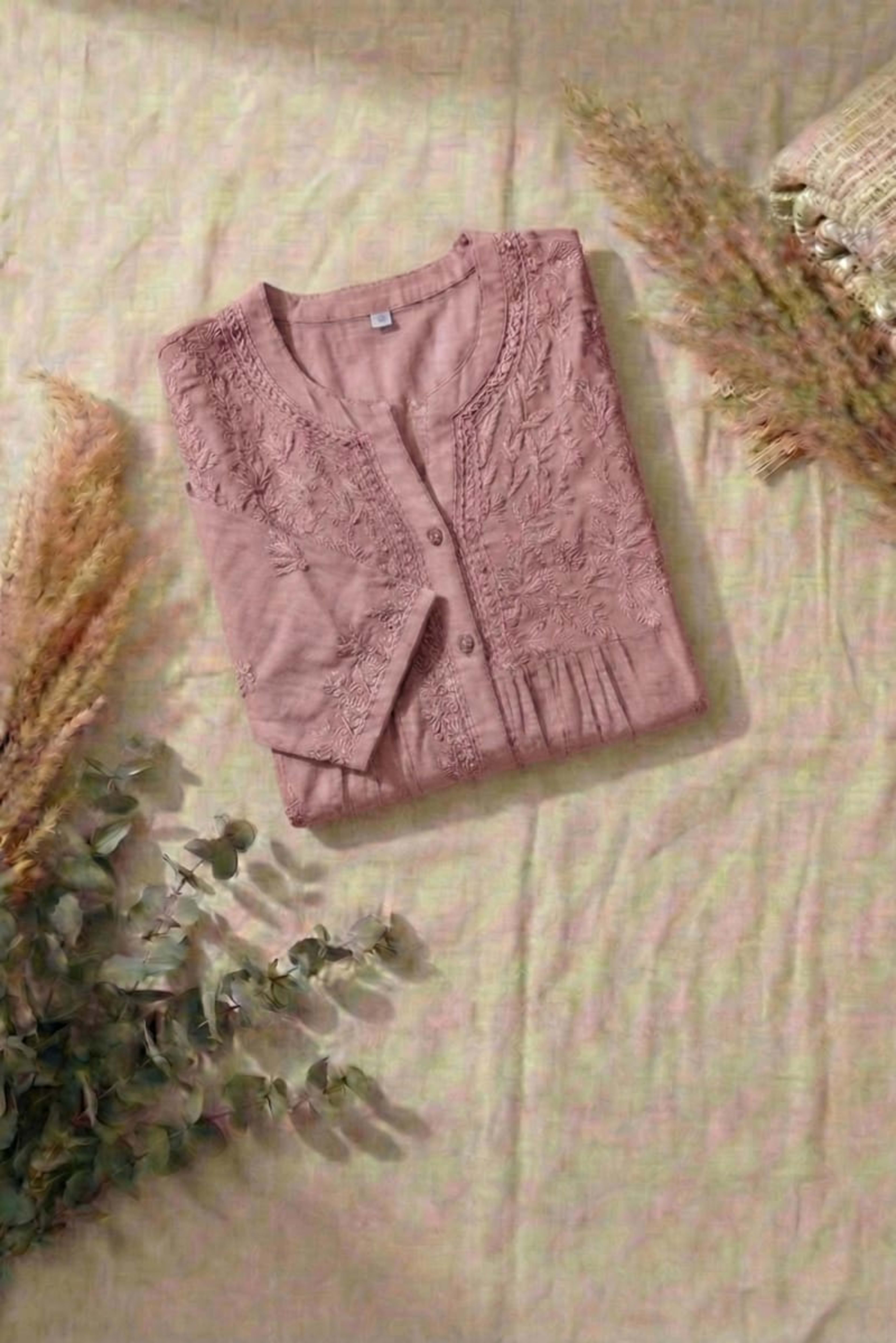 Premium 16kg Rayon Pleated Short Kurti (V-Neck with Buttons) Lucknowi Chikankari - Full view 9