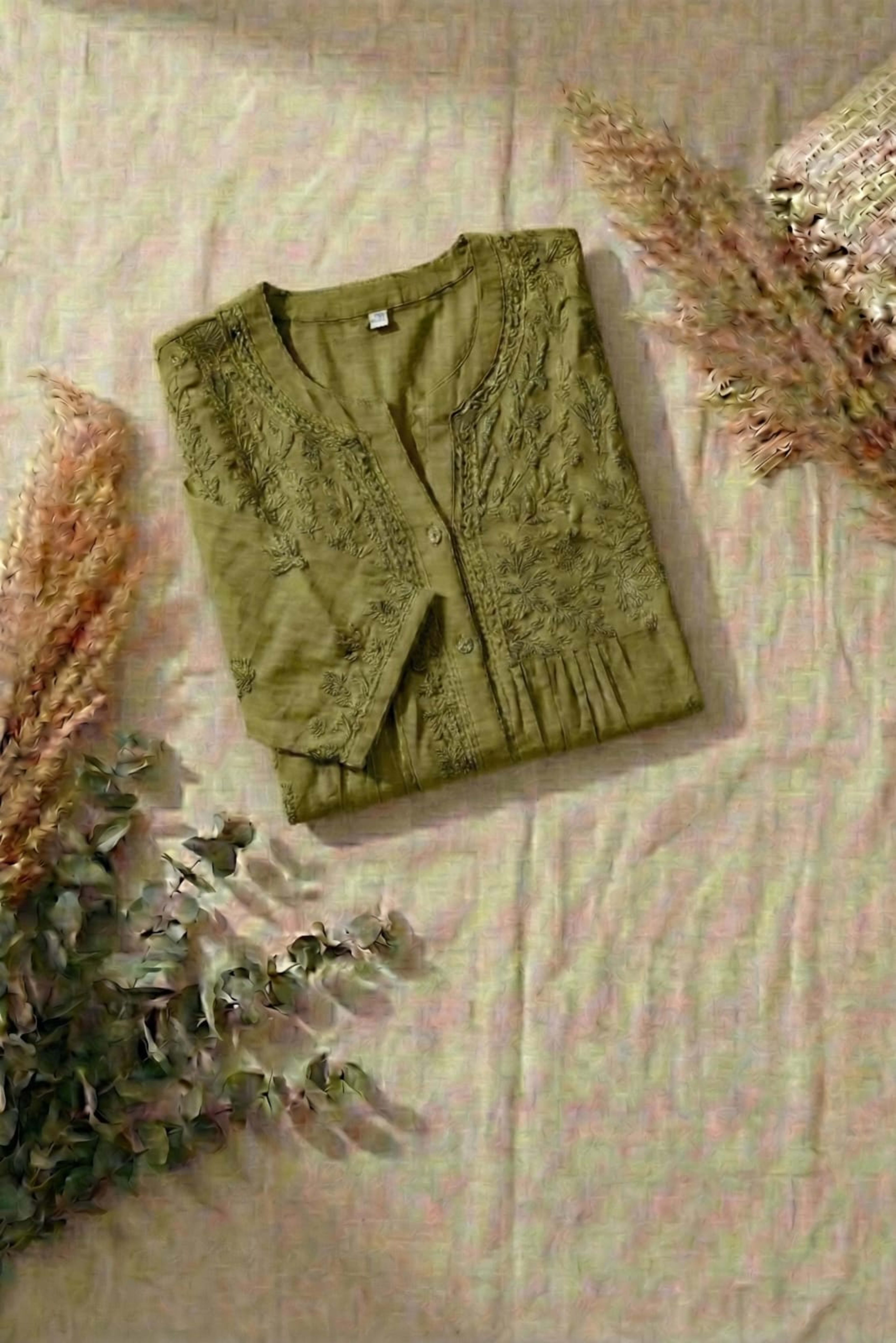 Premium 16kg Rayon Pleated Short Kurti (V-Neck with Buttons) Lucknowi Chikankari - Full view 10