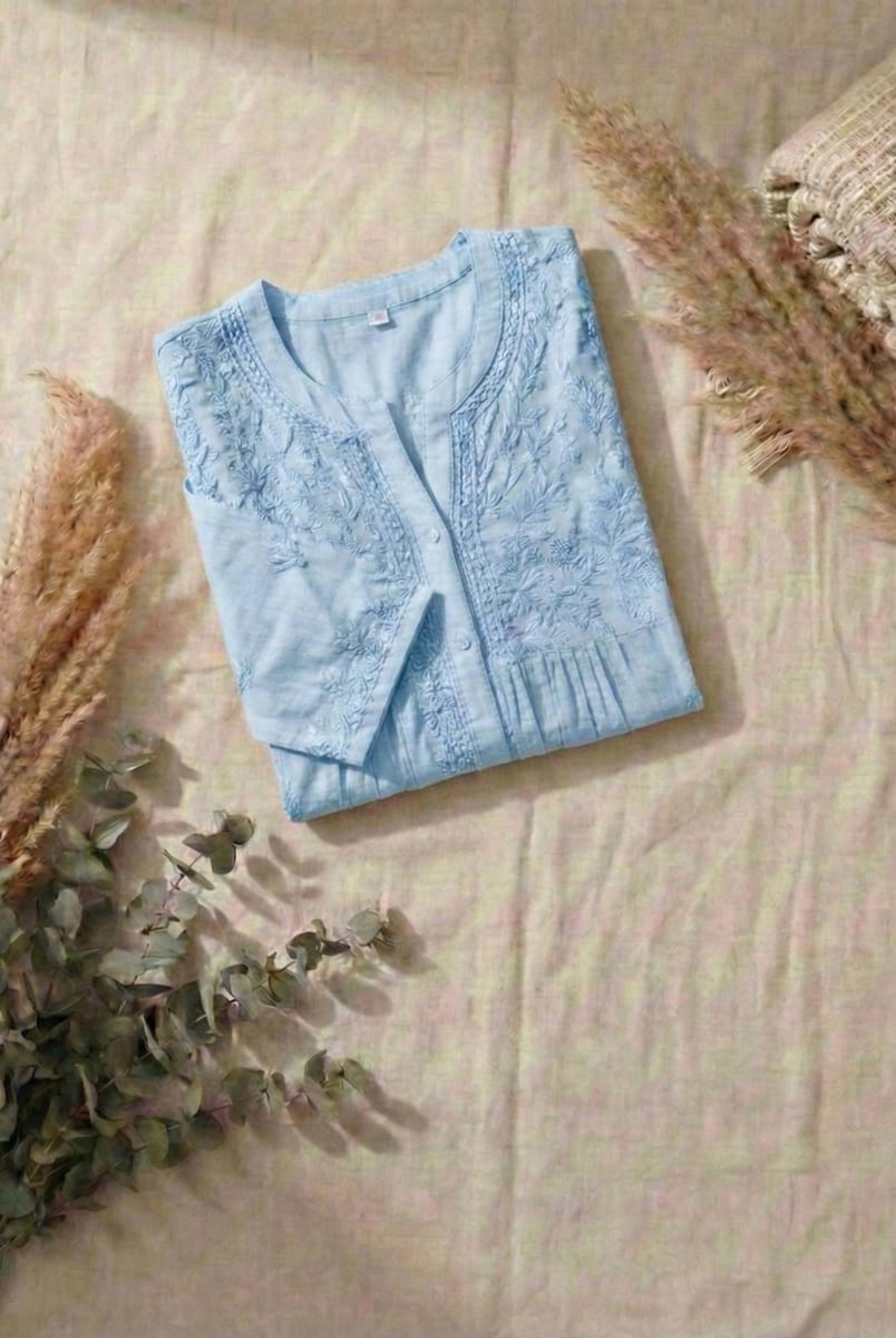 Premium 16kg Rayon Pleated Short Kurti (V-Neck with Buttons) Lucknowi Chikankari - Full view 11