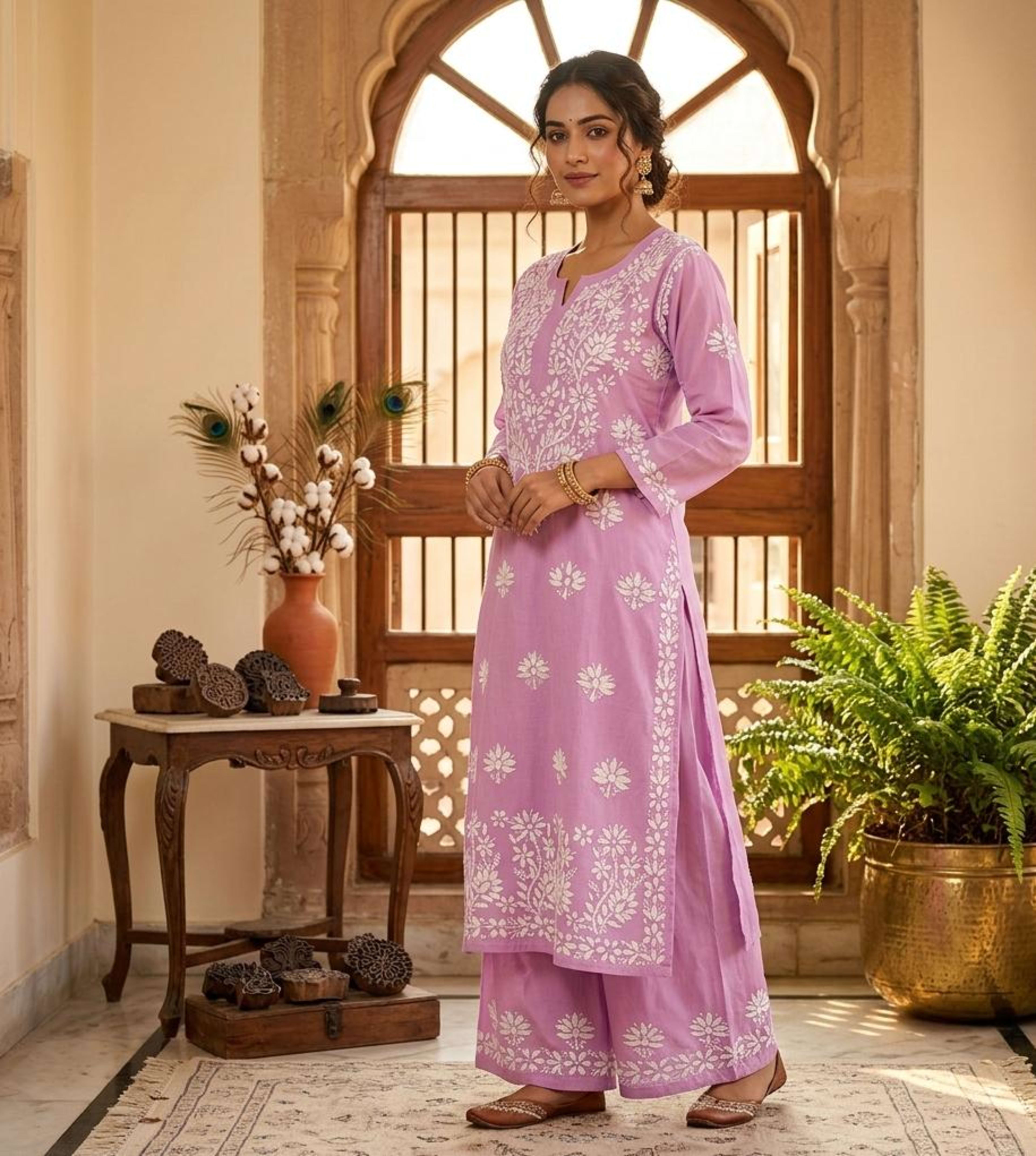 Soft-Touch Rayon Handcrafted Chikankari Set - Authentic Lucknowi Chikankari - Size 48-60 - Pairahan Chikan