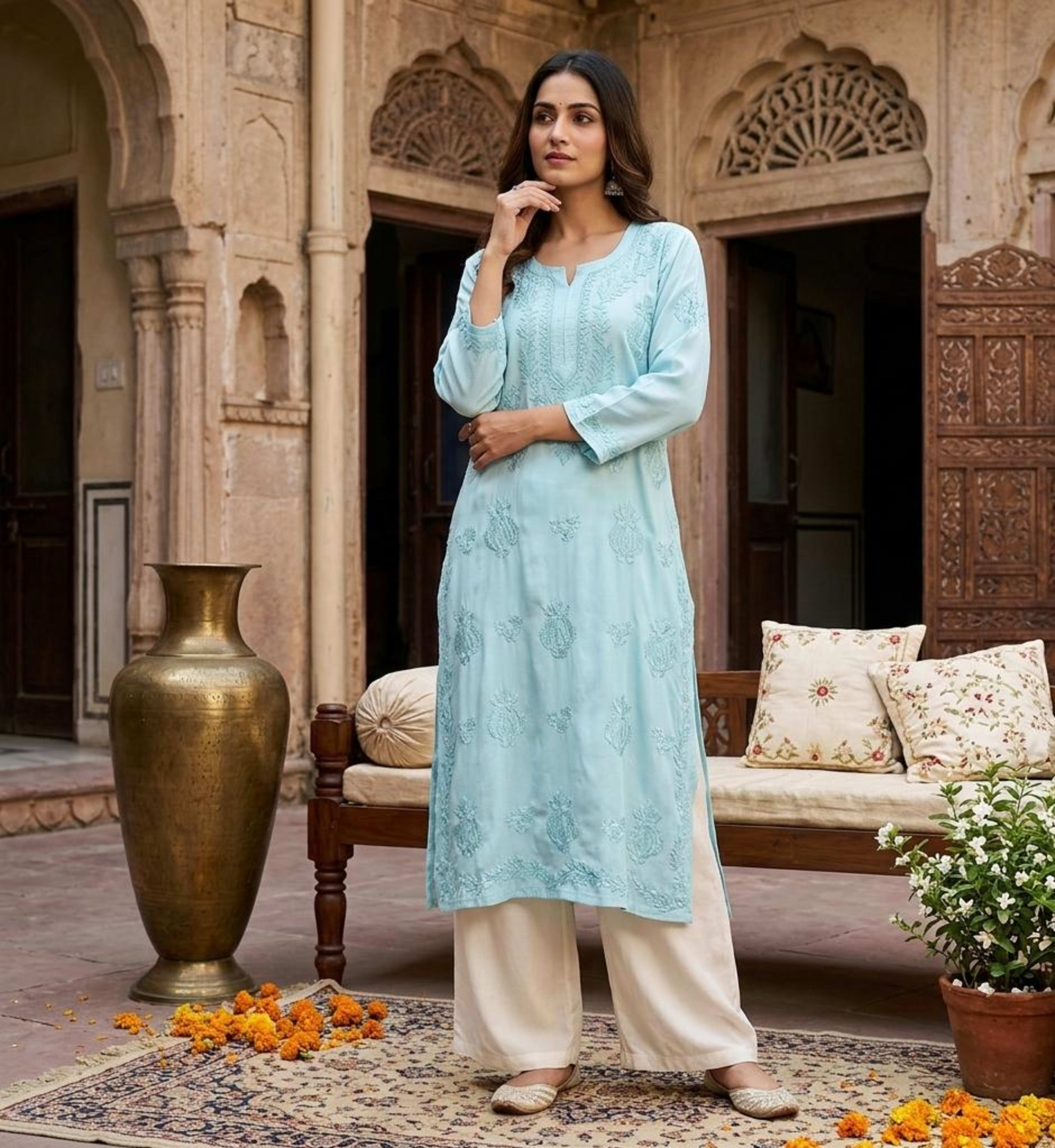 Noor-e-Crepe 3D Chikankari Kurti Lucknowi Chikankari - Full view 1