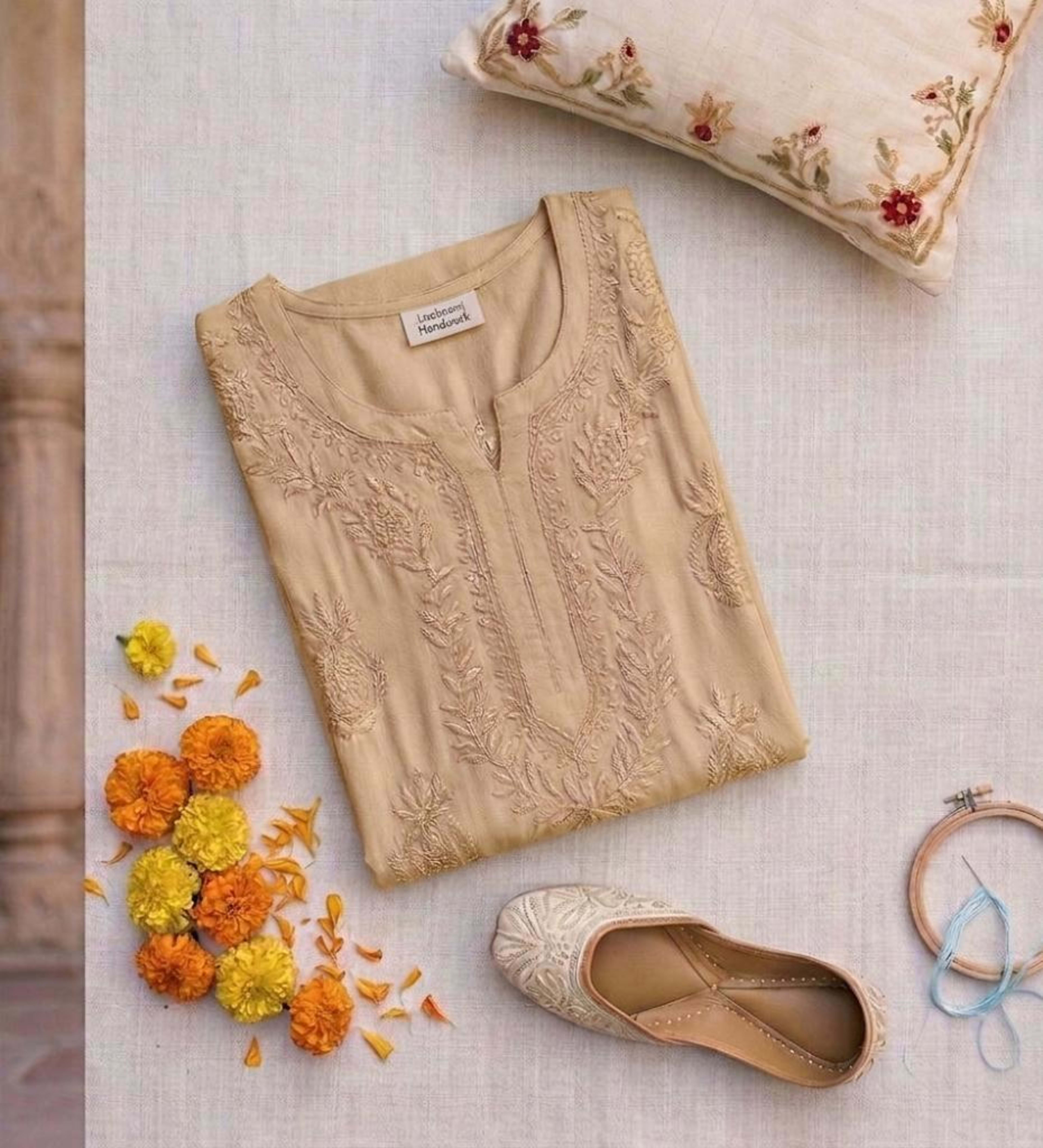 Noor-e-Crepe 3D Chikankari Kurti Lucknowi Chikankari - Full view 4