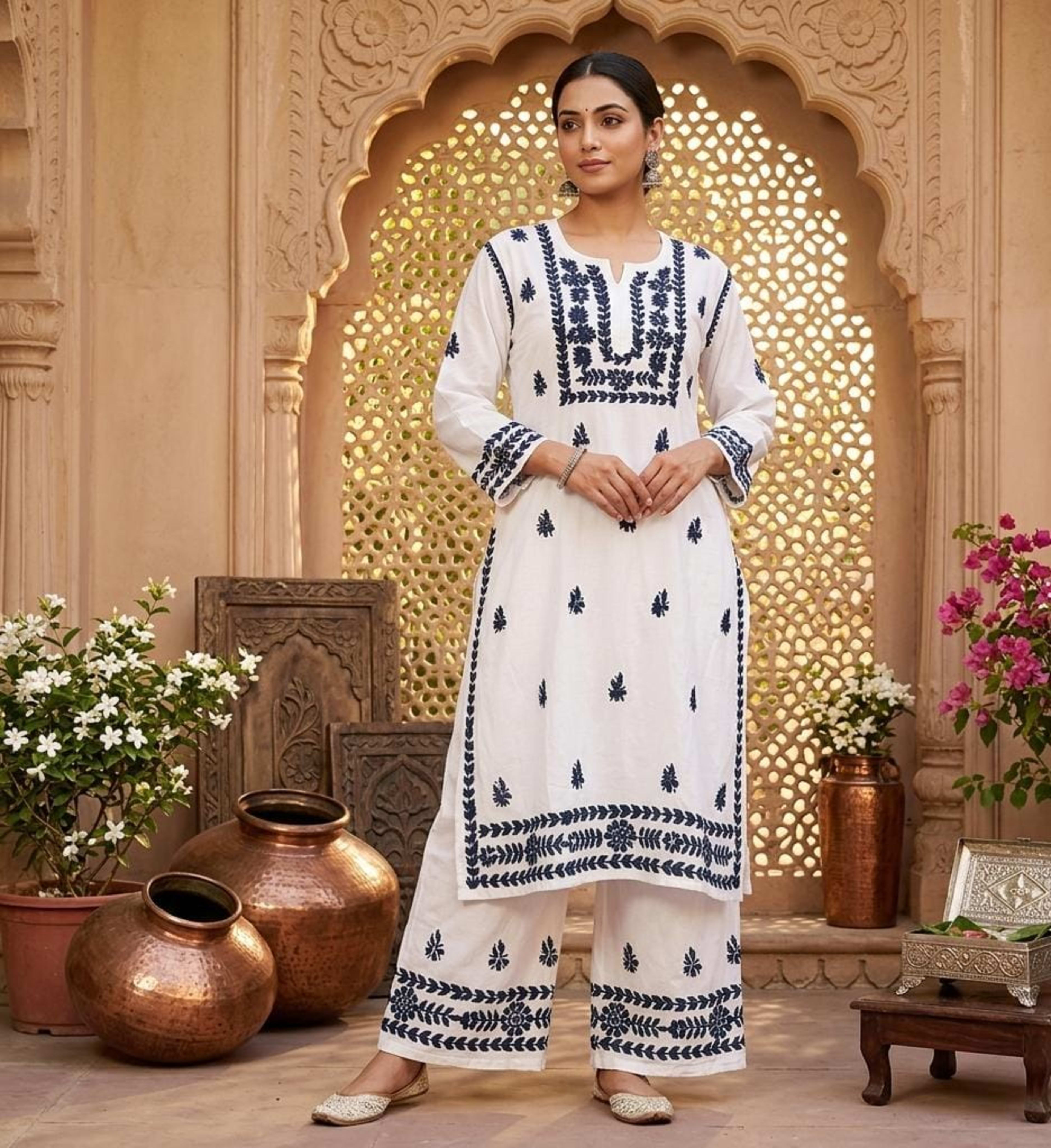 Safed Siyahi Palazzo Set - Authentic Lucknowi Chikankari
