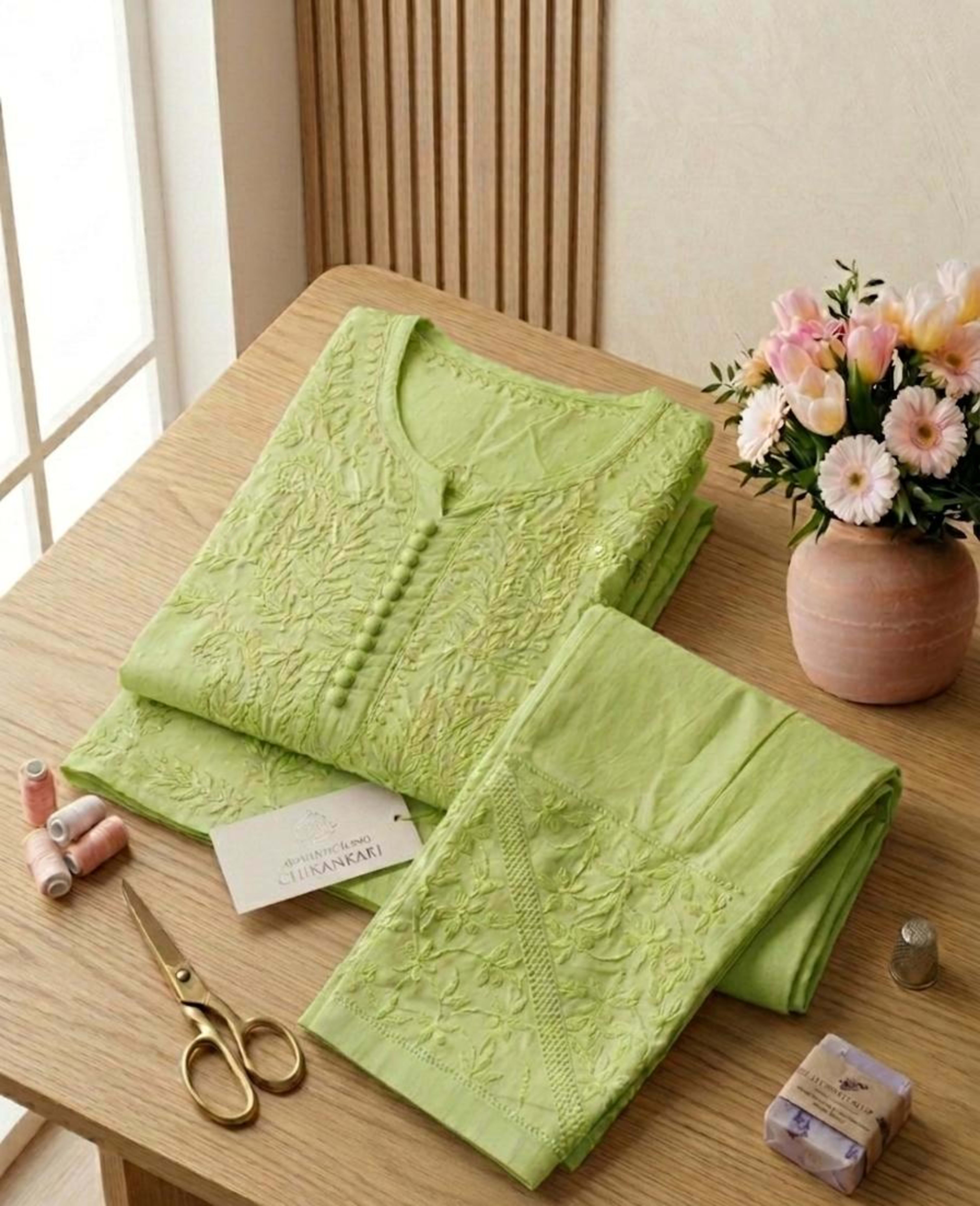 Virasat – Tone-on-Tone Handwork Chikankari Kurti with Matching Embroidered Pant Lucknowi Chikankari - Full view 4