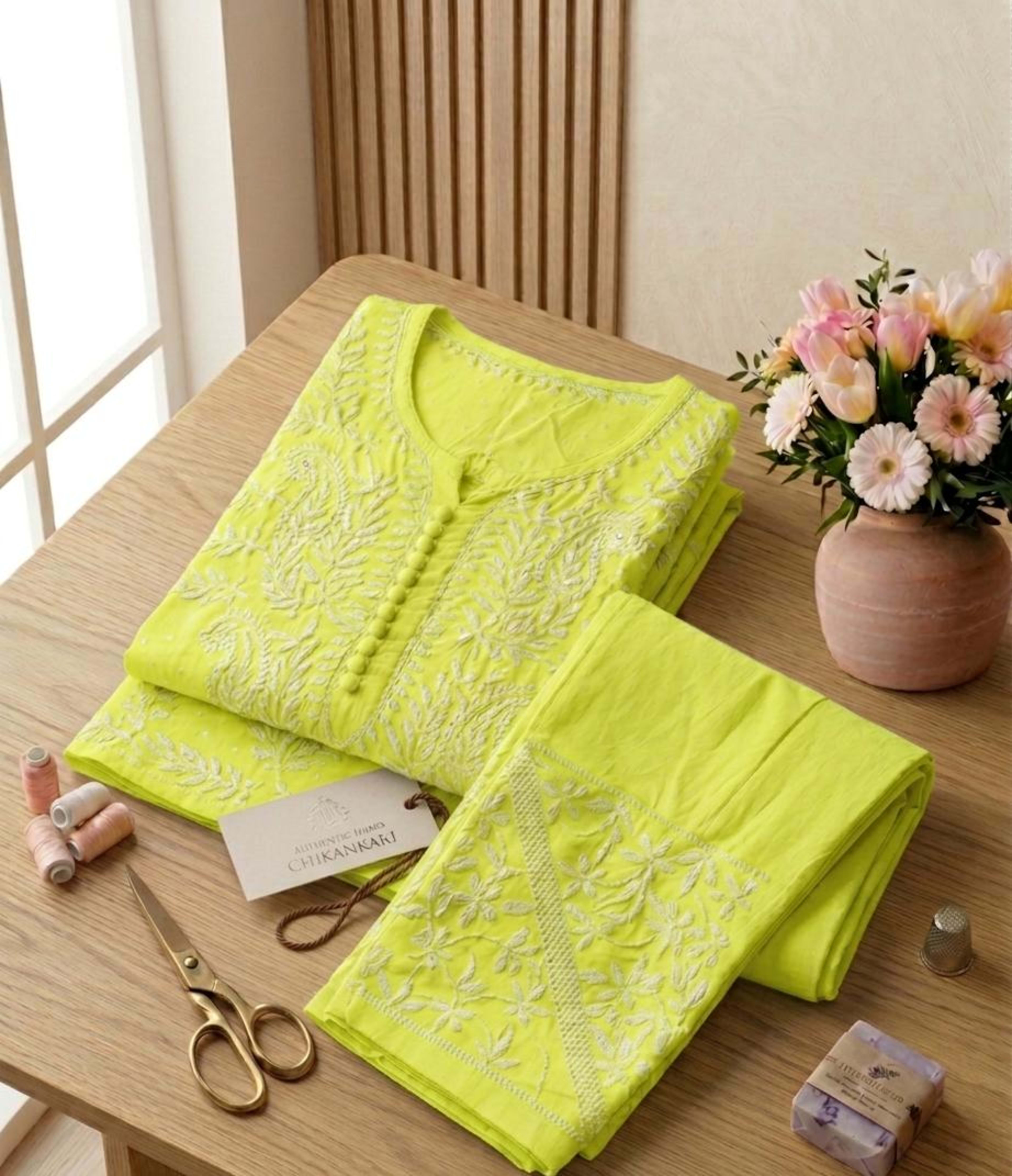 Virasat – Tone-on-Tone Handwork Chikankari Kurti with Matching Embroidered Pant Lucknowi Chikankari - Full view 5