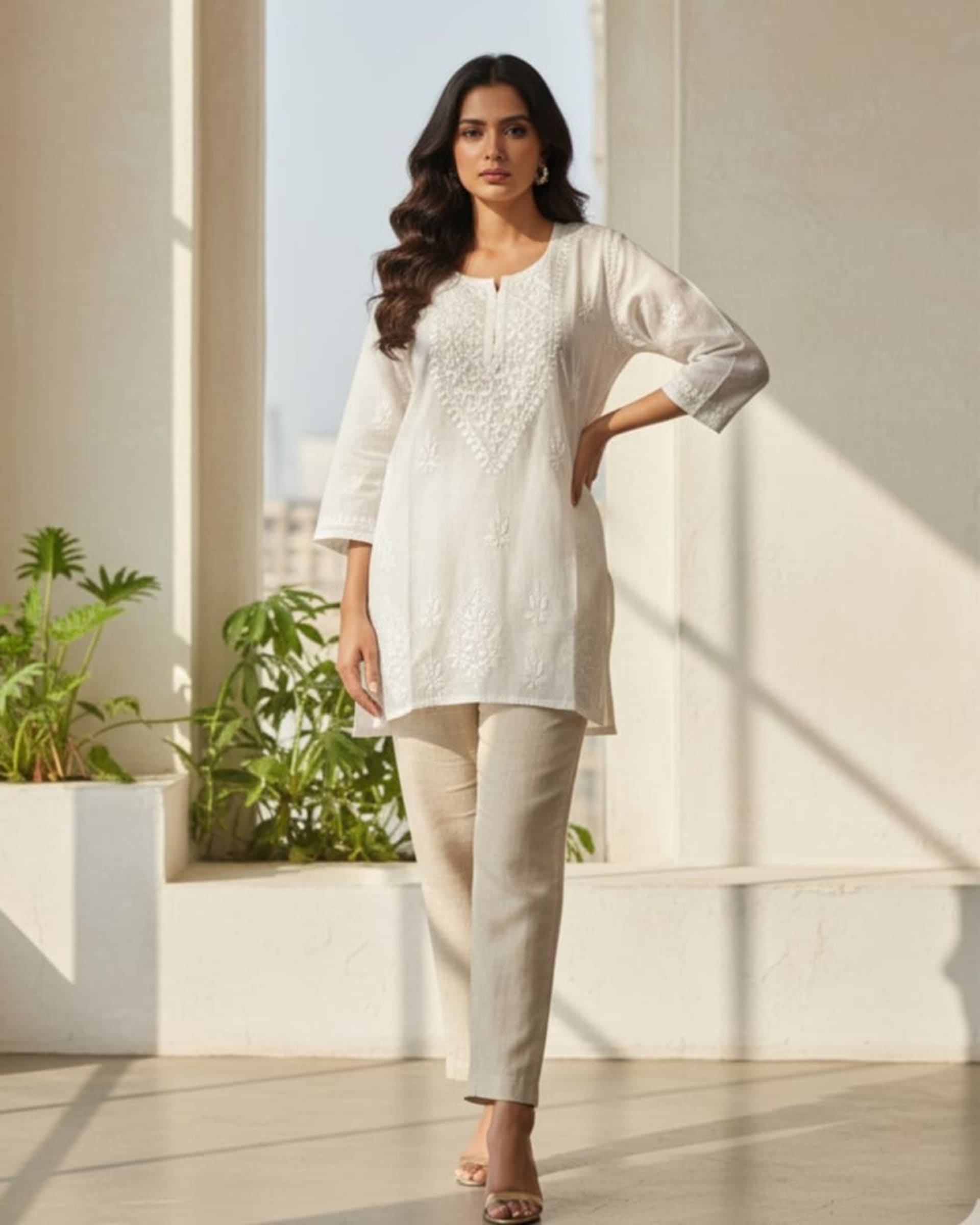 Pairahan Chikan – White Lucknowi Chikankari Short Top - Authentic Lucknowi Chikankari