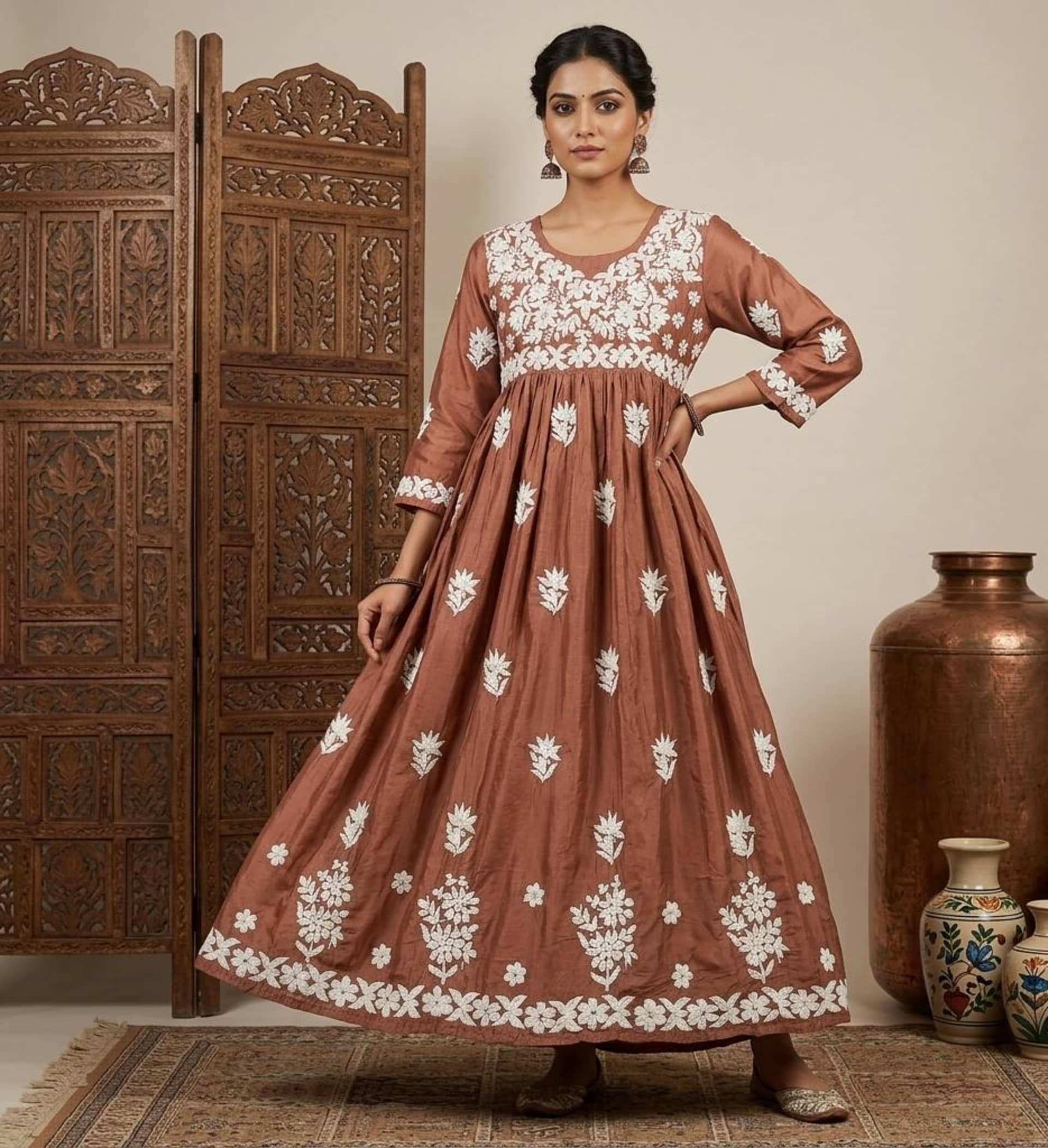 Noor-e-Chanderi Chikankari Anarkali Gown - Authentic Lucknowi Chikankari