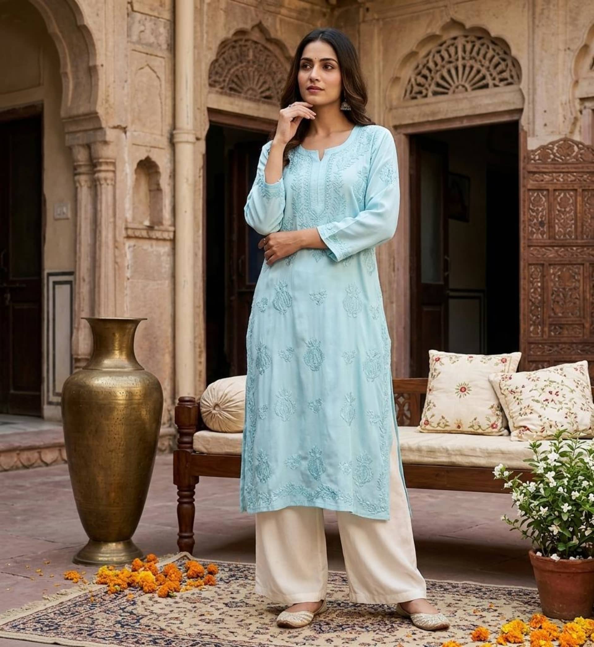 Noor-e-Crepe 3D Chikankari Kurti - Authentic Lucknowi Chikankari