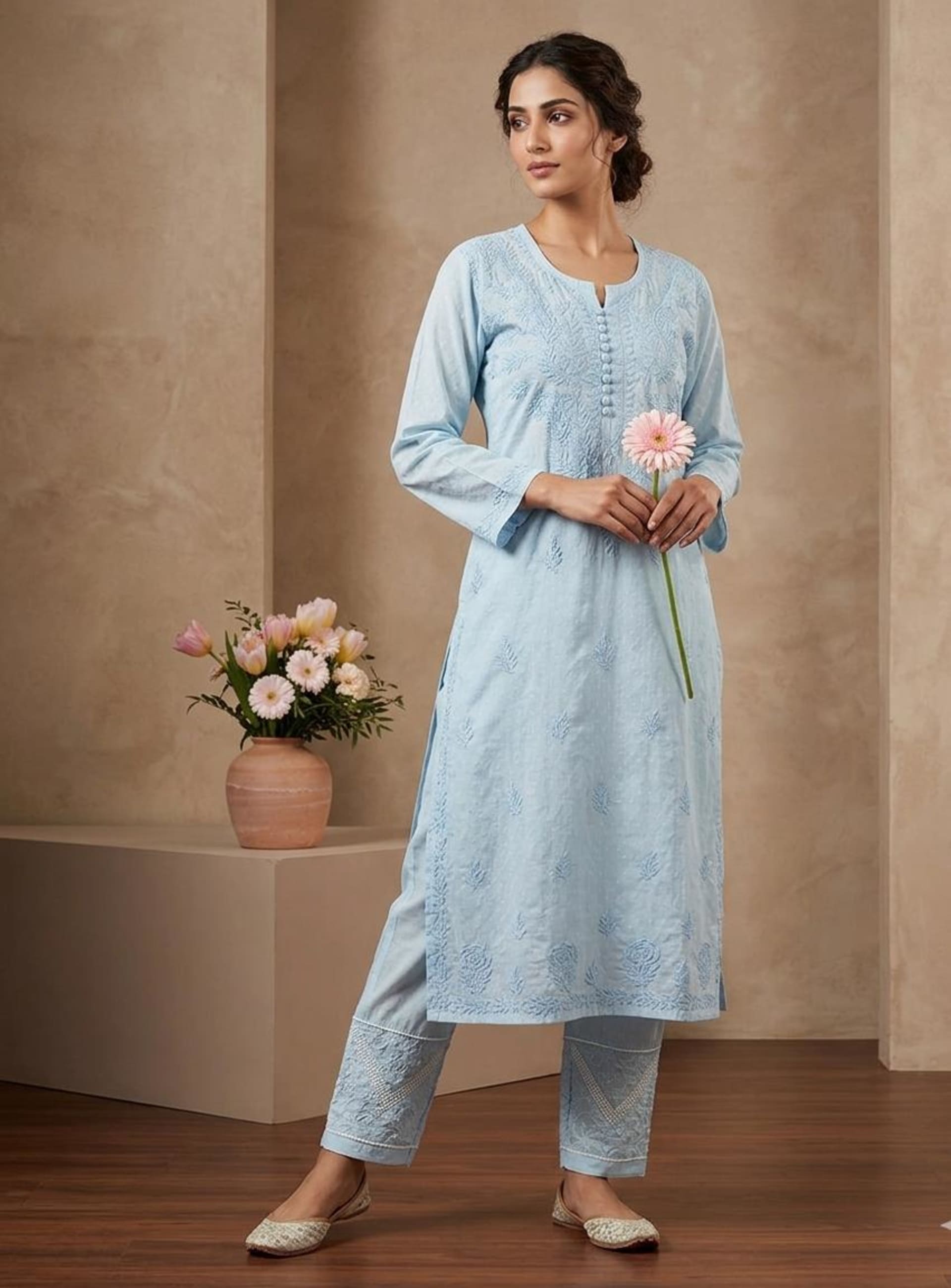 Virasat – Tone-on-Tone Handwork Chikankari Kurti with Matching Embroidered Pant - Authentic Lucknowi Chikankari