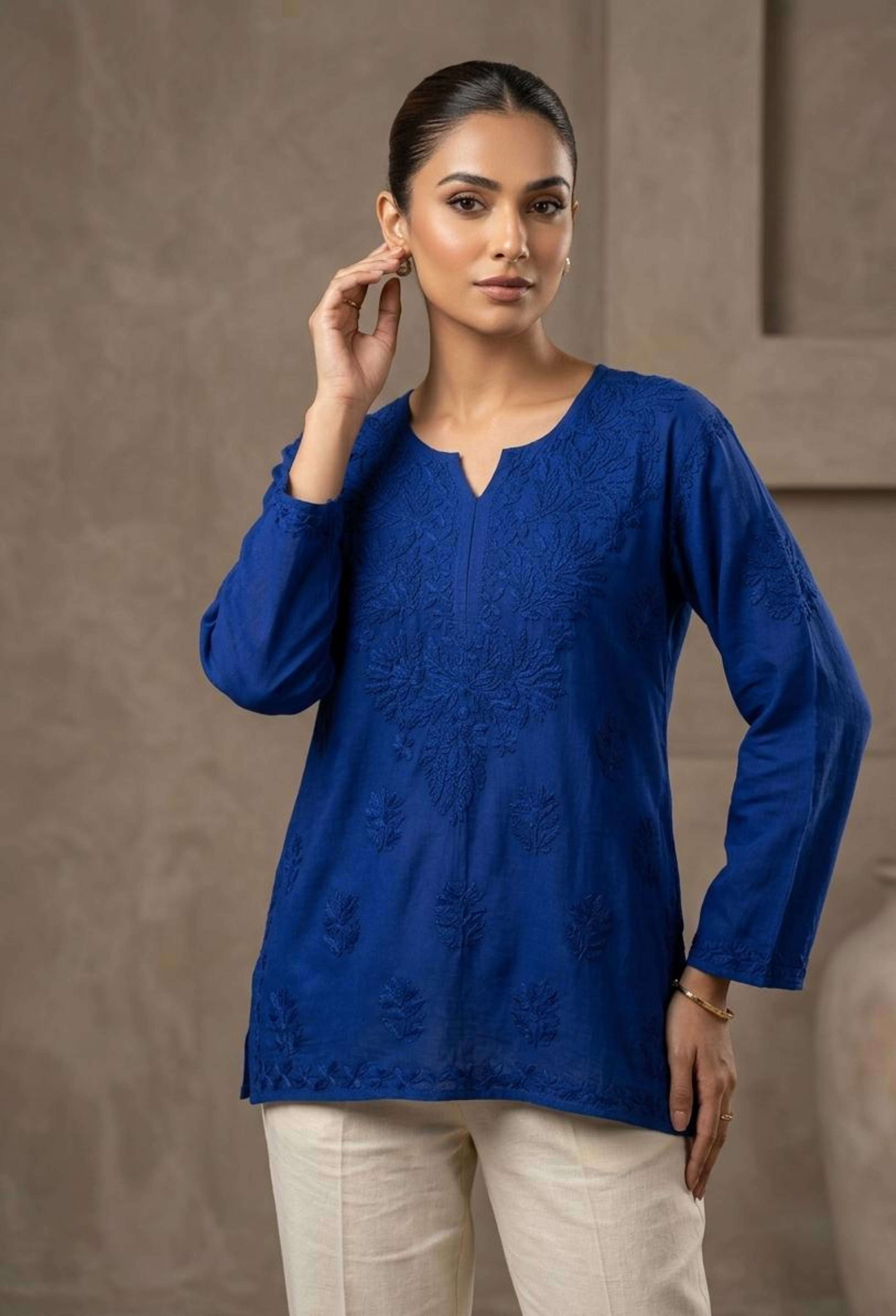 Premium Muslin Short Chikankari Kurti | Authentic Handwork Tunic (28" Length) - Authentic Lucknowi Chikankari