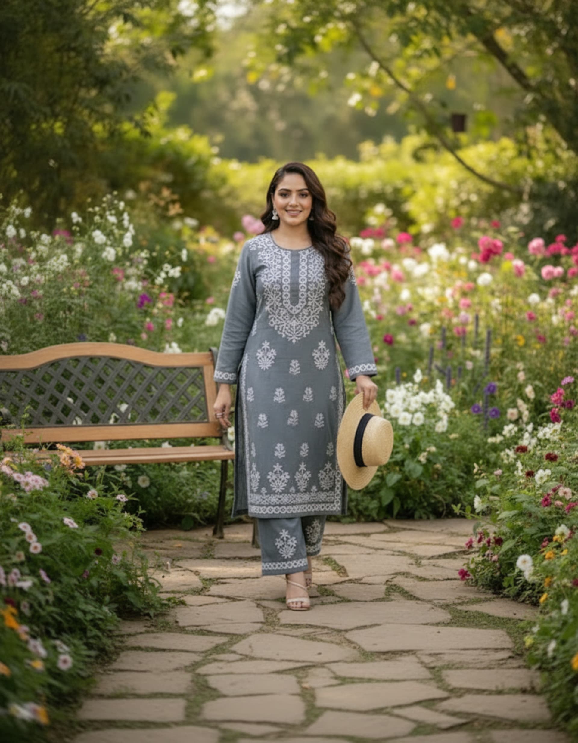 Noorie Plazzo Set Lucknowi Chikankari - Full view 2