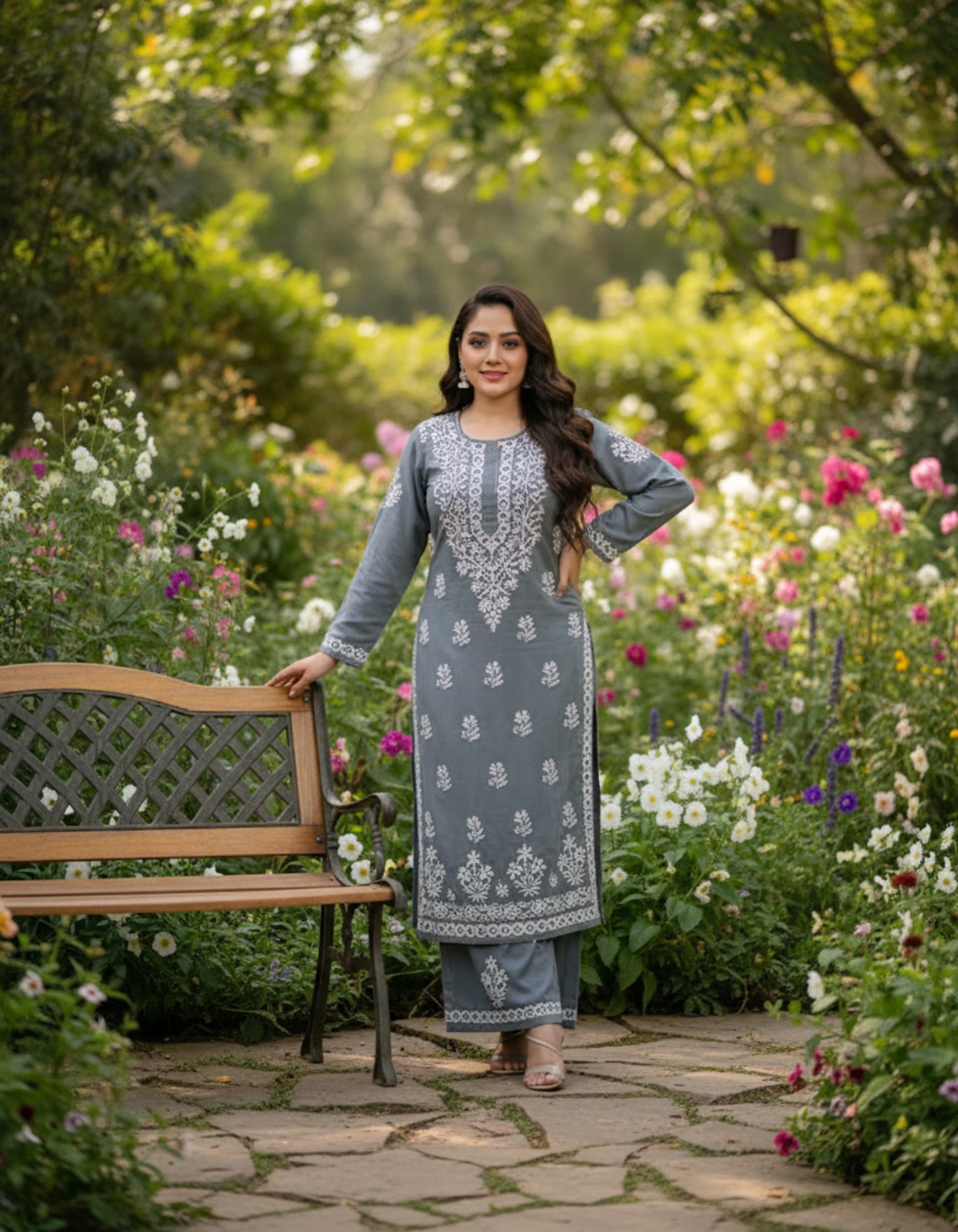 Noorie Plazzo Set Lucknowi Chikankari - Full view 3