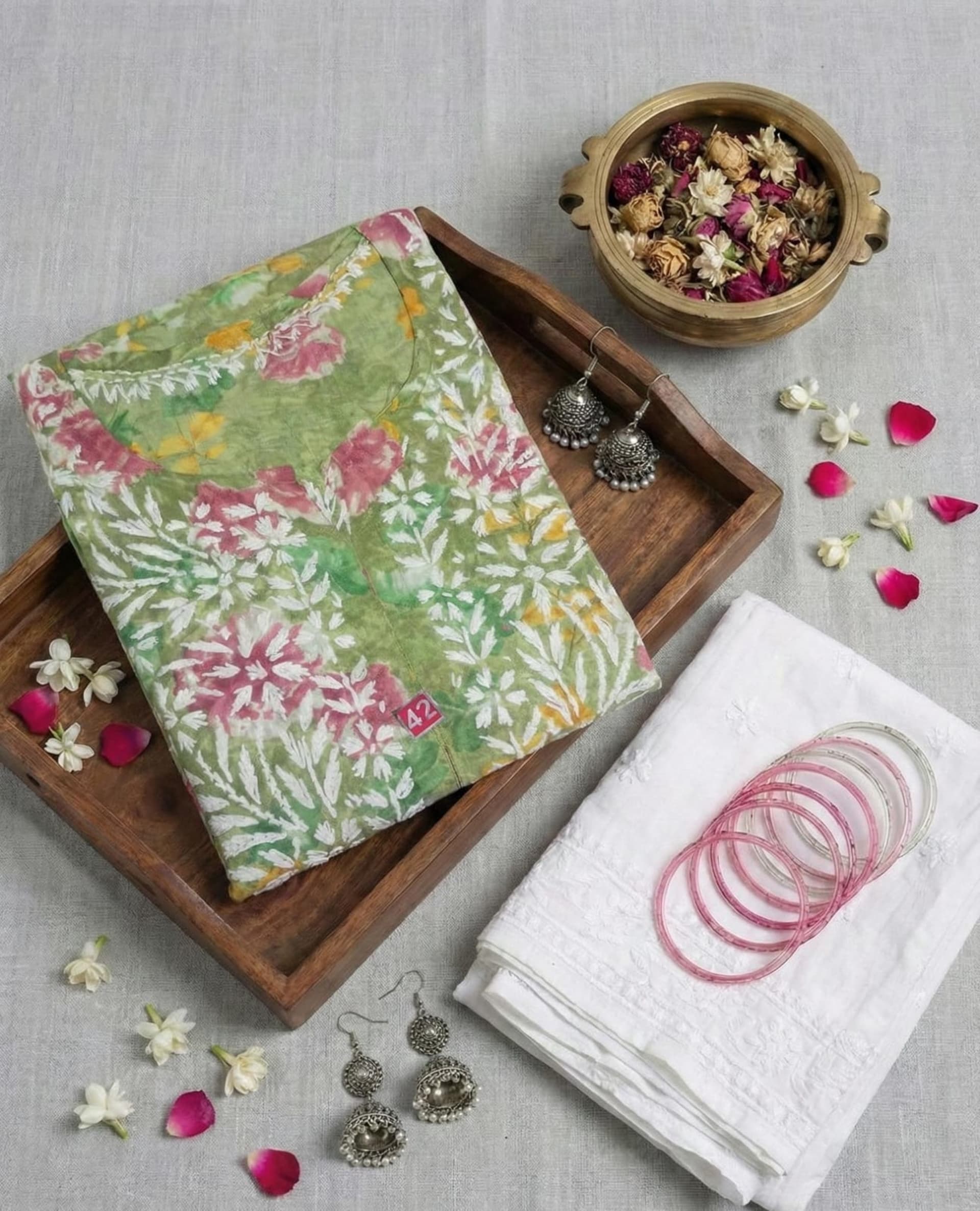 Premium Mul Cotton Printed Chikankari Kurti Set with Pant - Floral Series Lucknowi Chikankari - Full view 2