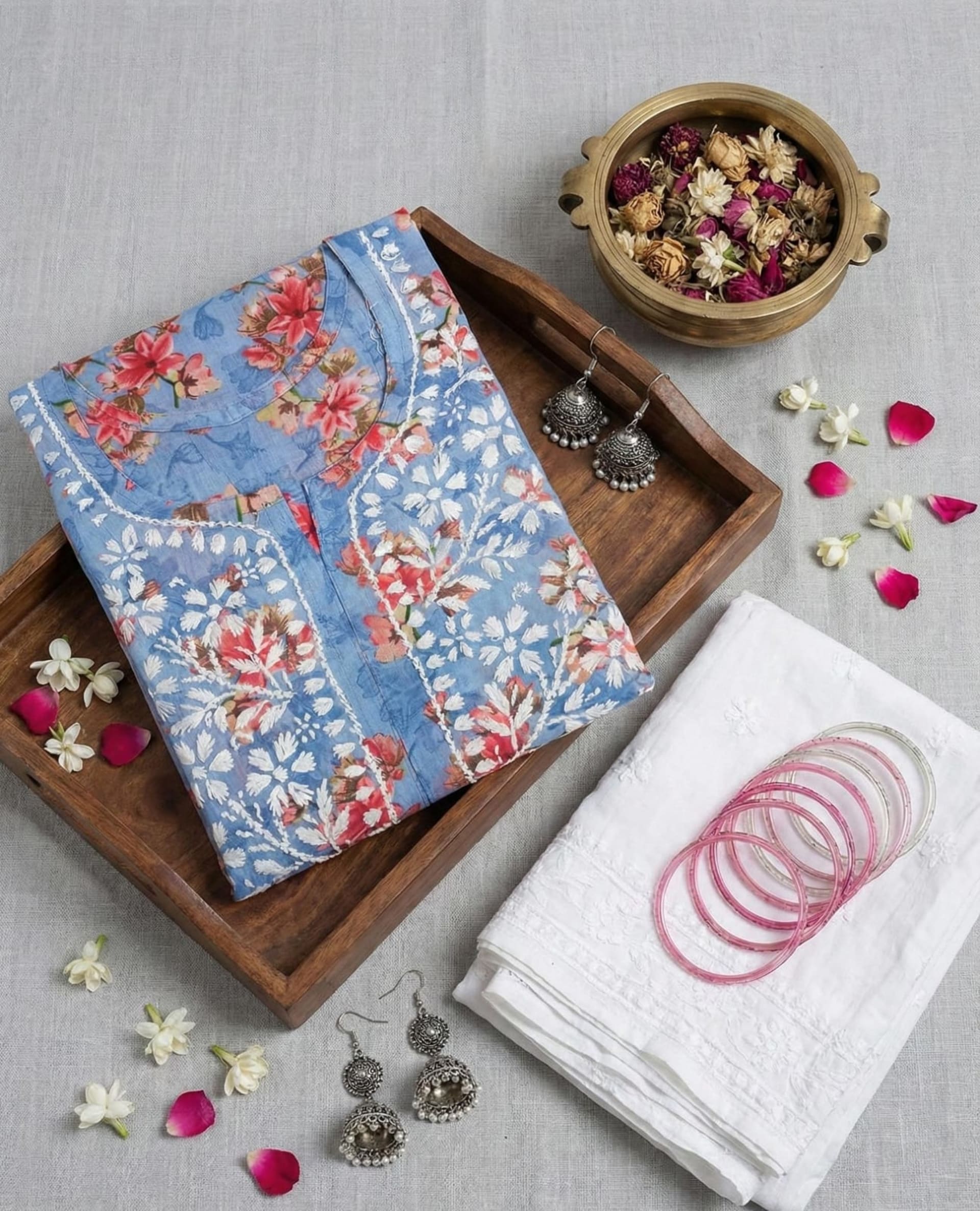 Premium Mul Cotton Printed Chikankari Kurti Set with Pant - Floral Series Lucknowi Chikankari - Full view 3