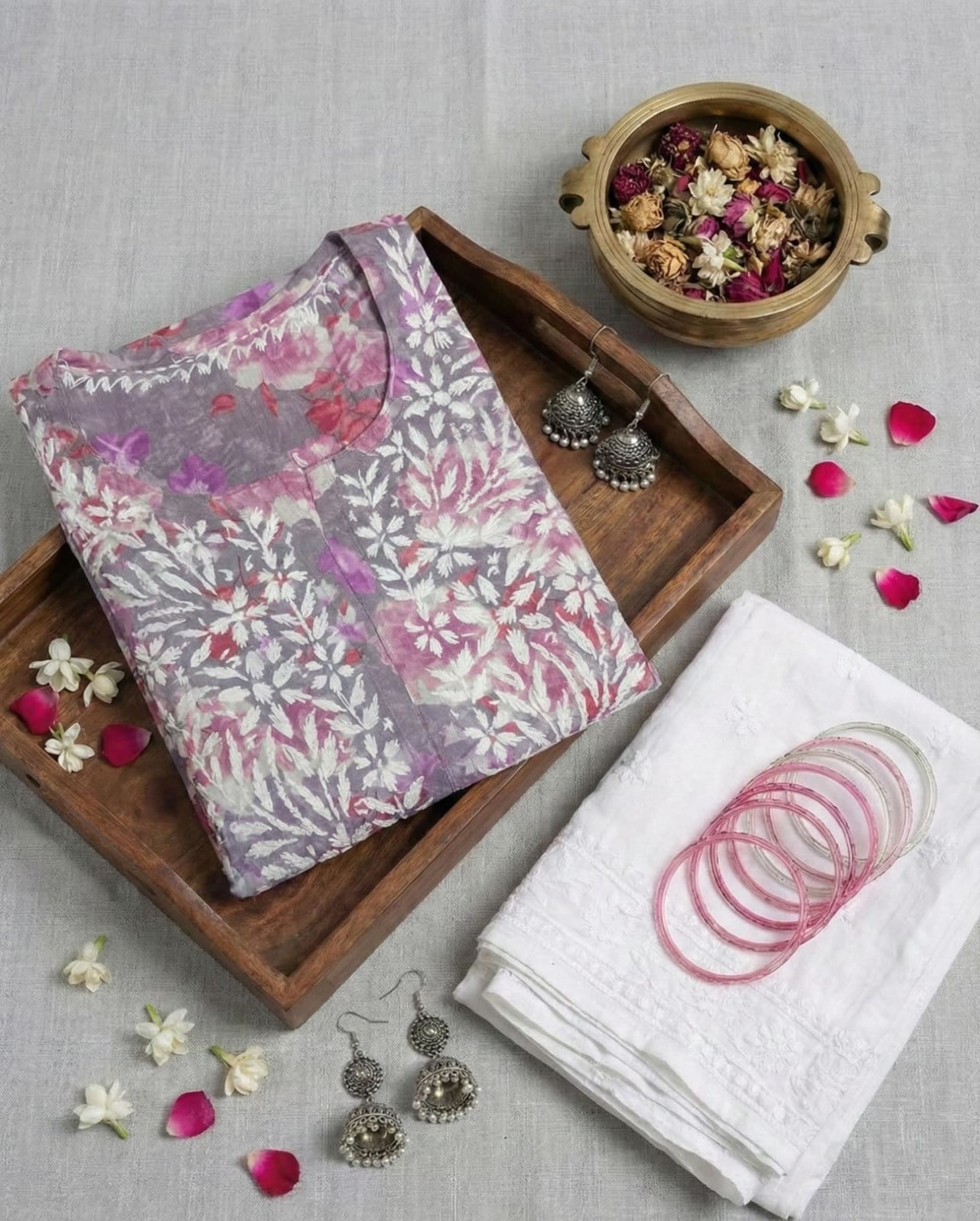 Premium Mul Cotton Printed Chikankari Kurti Set with Pant - Floral Series Lucknowi Chikankari - Full view 6