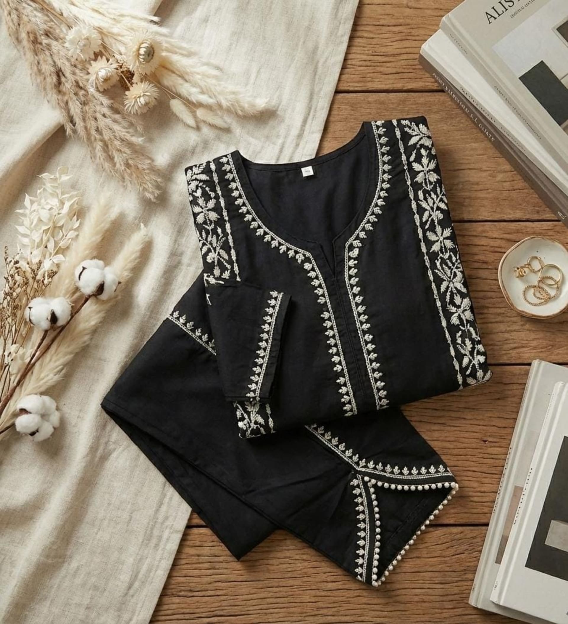 Premium Rayon Chikankari Short Kurti with Tulip Pants (Fusion Set) Lucknowi Chikankari - Full view 3