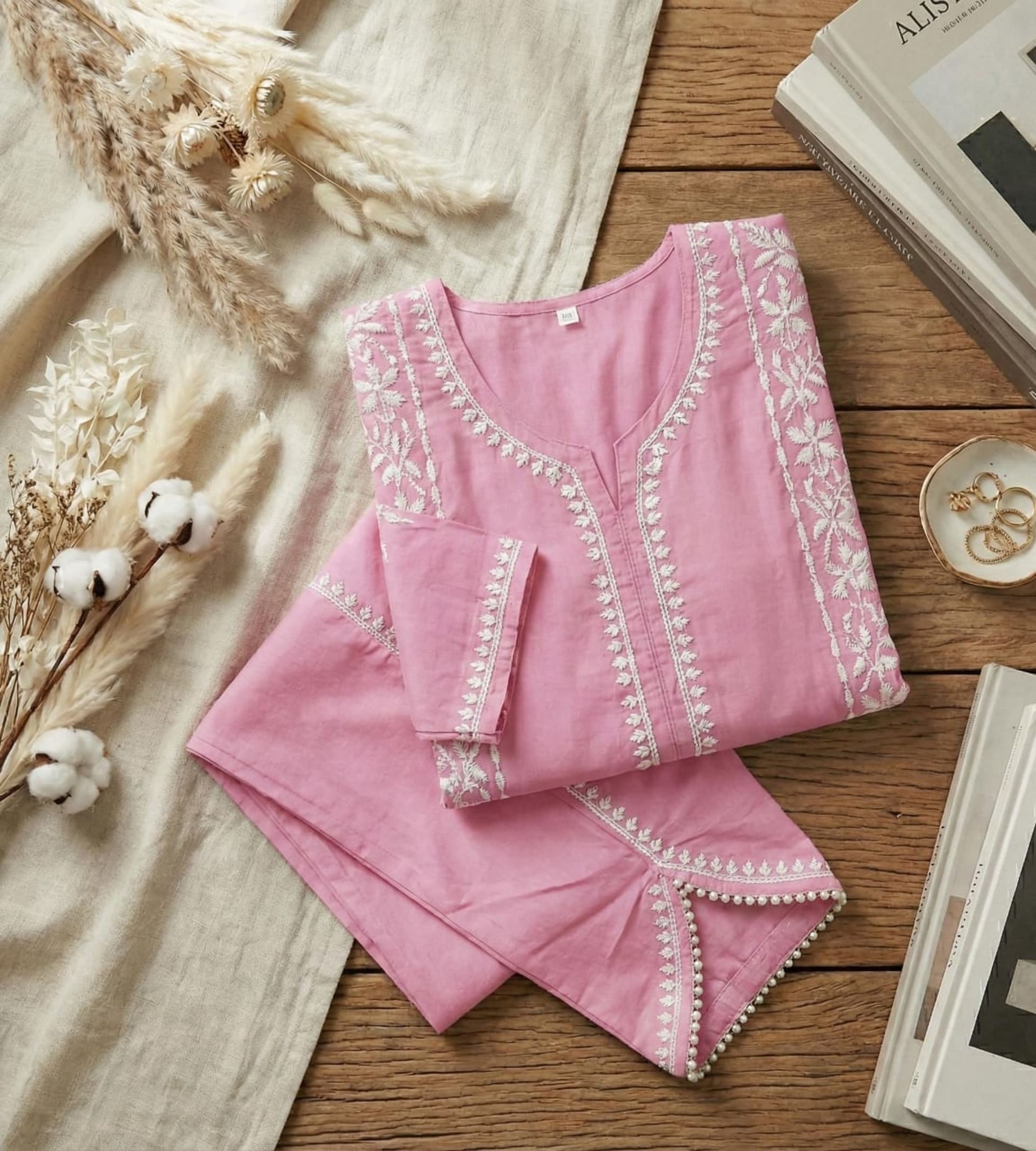 Premium Rayon Chikankari Short Kurti with Tulip Pants (Fusion Set) Lucknowi Chikankari - Full view 8