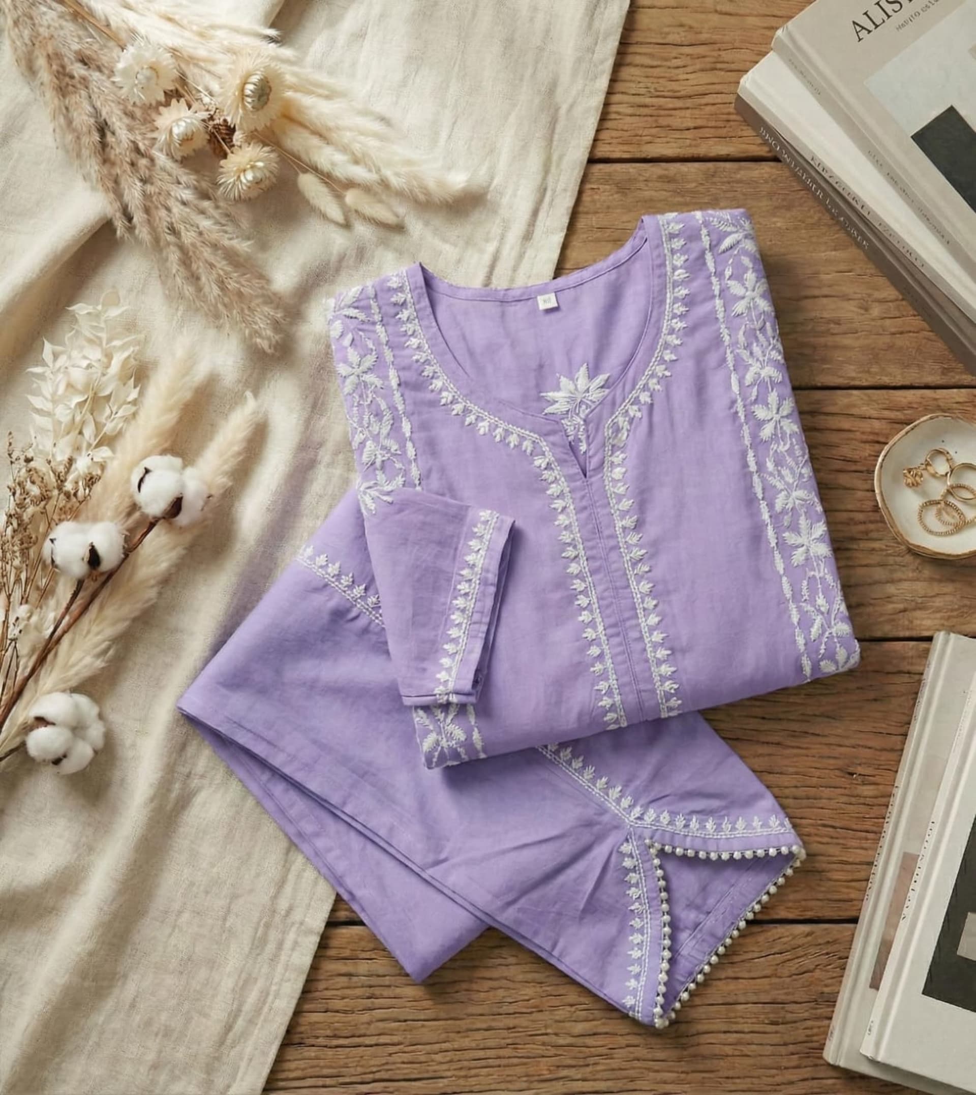 Premium Rayon Chikankari Short Kurti with Tulip Pants (Fusion Set) Lucknowi Chikankari - Full view 9