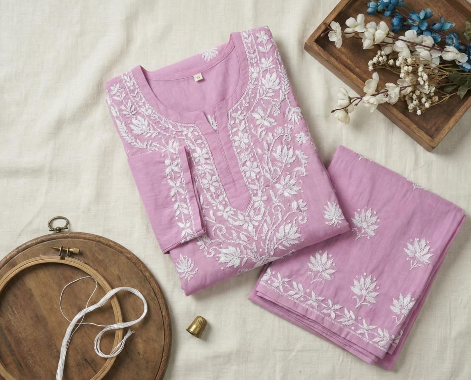 Premium Rayon Chikankari Straight Kurti with Palazzo Set (Pastel Collection) Lucknowi Chikankari - Full view 2