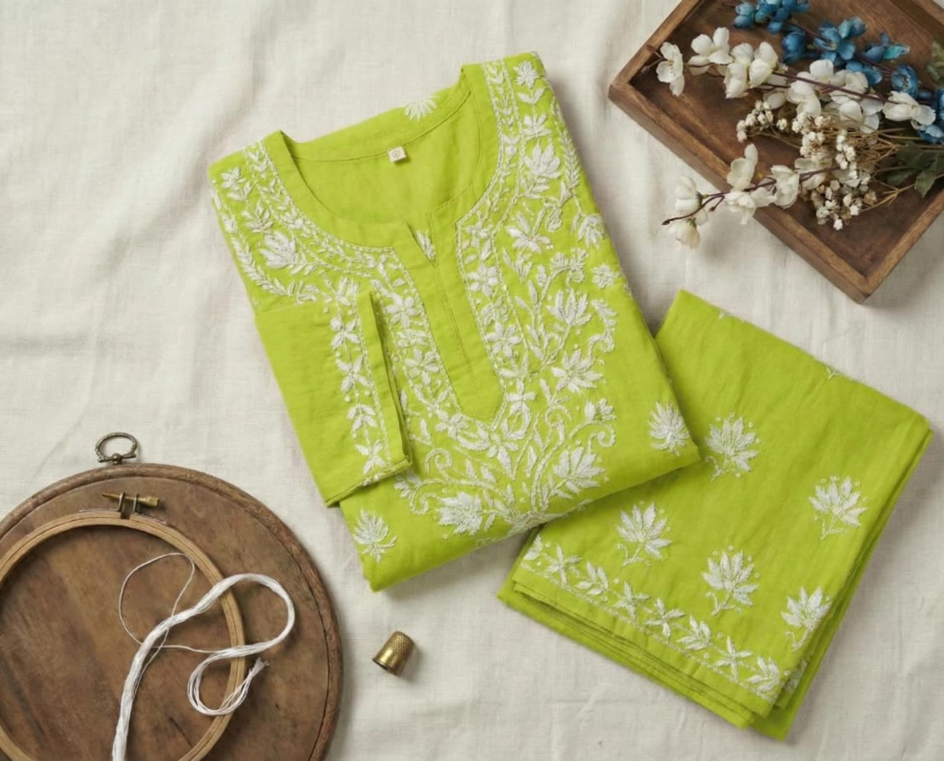 Premium Rayon Chikankari Straight Kurti with Palazzo Set (Pastel Collection) Lucknowi Chikankari - Full view 5