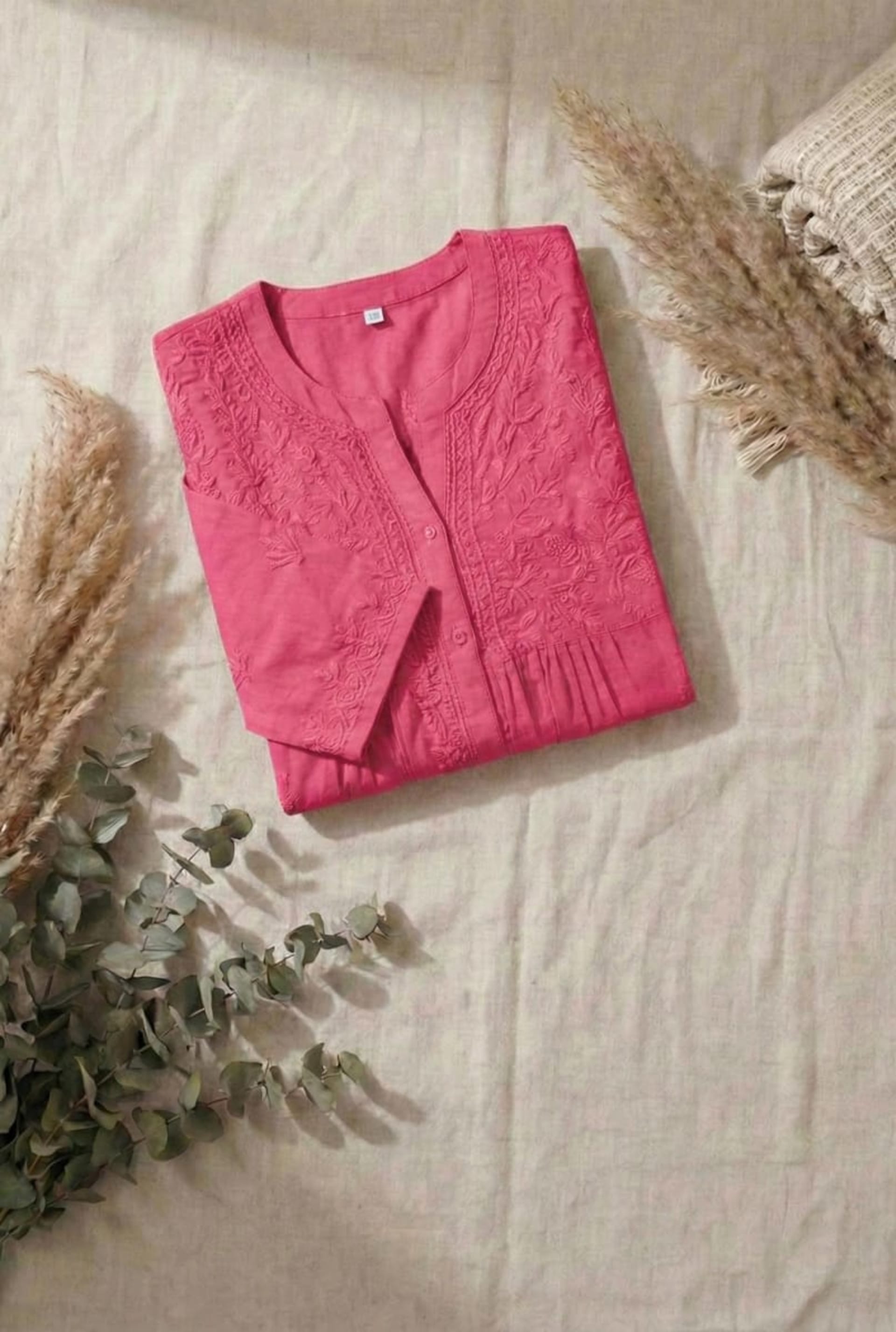 Premium 16kg Rayon Pleated Short Kurti (V-Neck with Buttons) Lucknowi Chikankari - Full view 5
