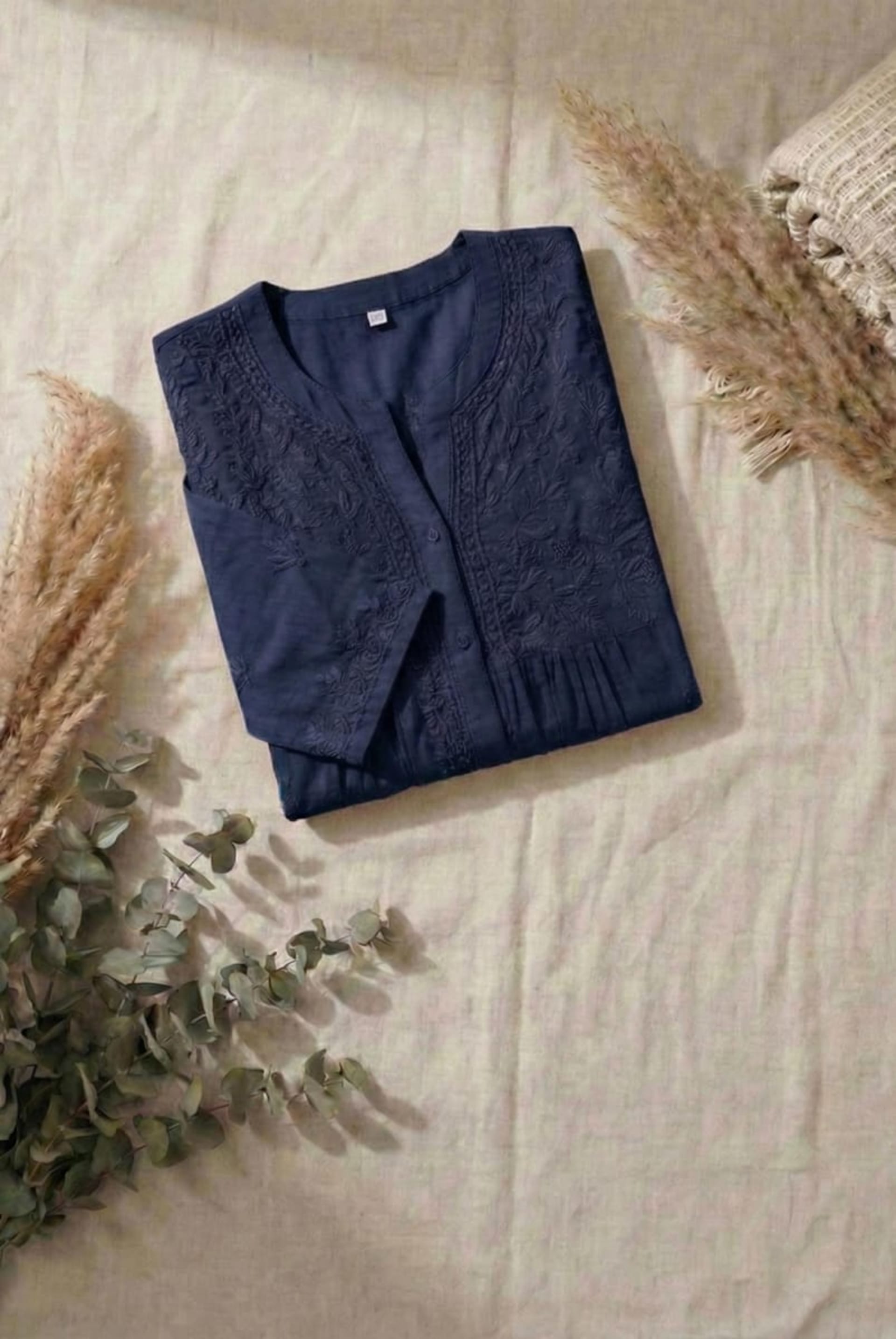 Premium 16kg Rayon Pleated Short Kurti (V-Neck with Buttons) Lucknowi Chikankari - Full view 6
