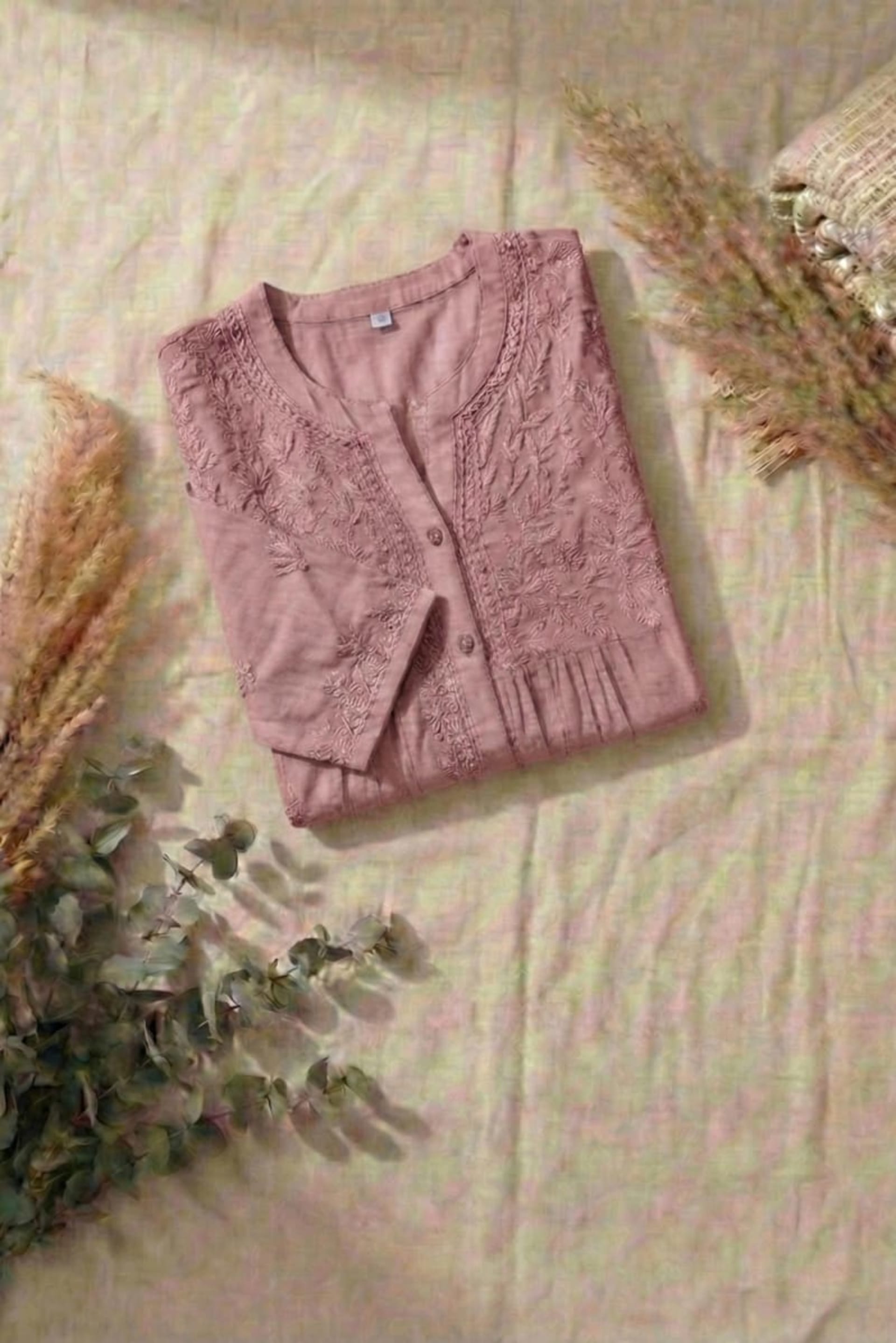 Premium 16kg Rayon Pleated Short Kurti (V-Neck with Buttons) Lucknowi Chikankari - Full view 9