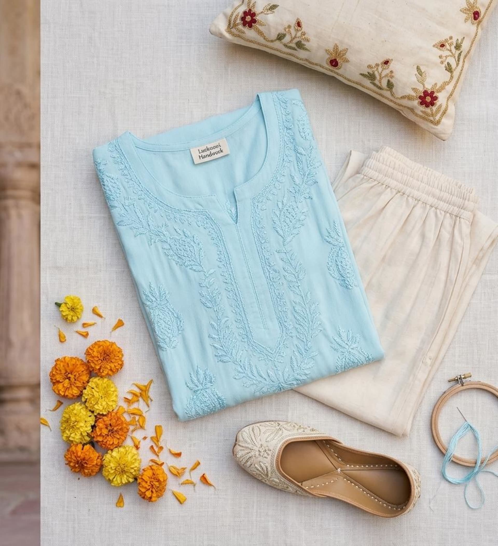 Noor-e-Crepe 3D Chikankari Kurti Lucknowi Chikankari - Full view 2