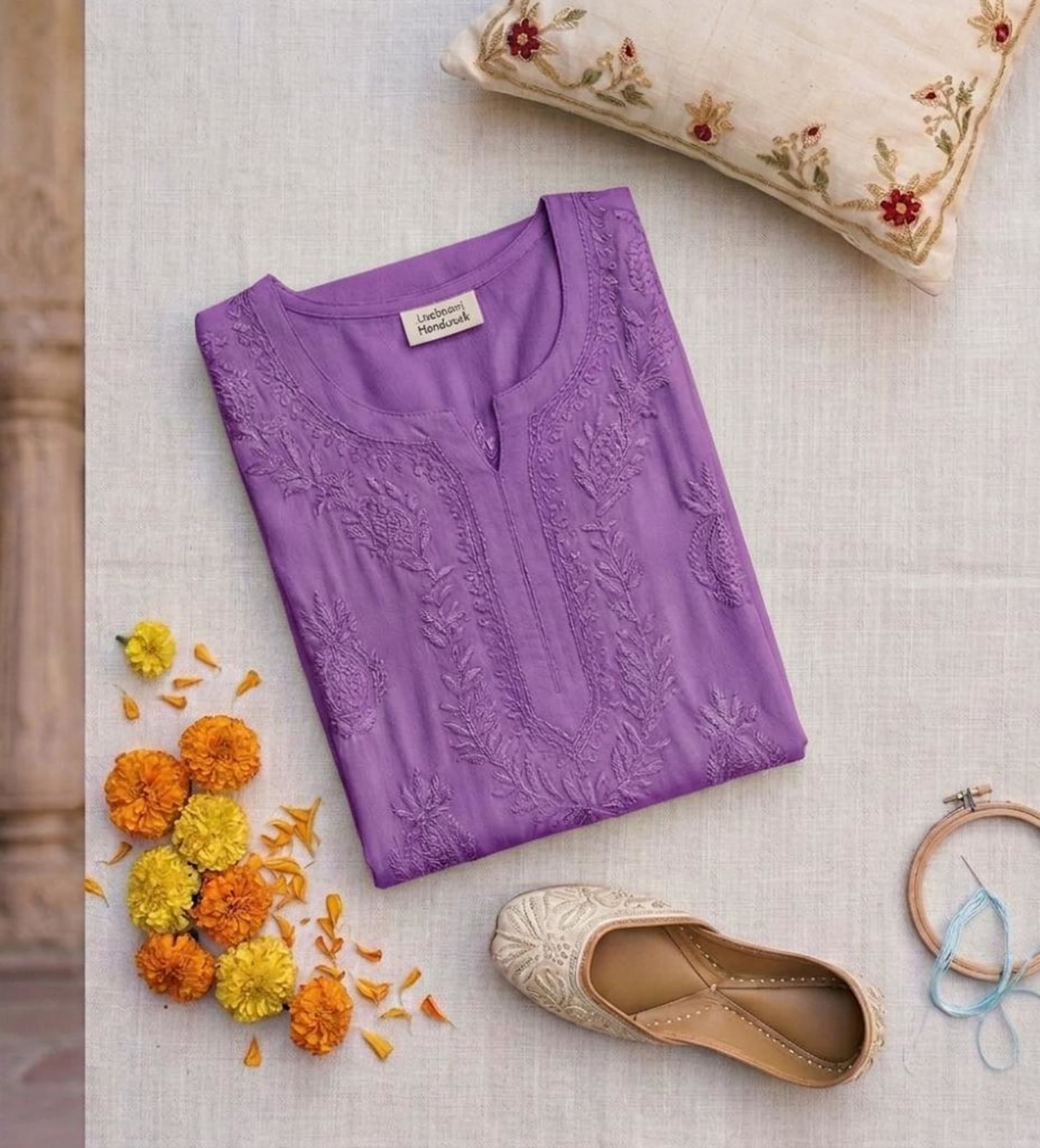 Noor-e-Crepe 3D Chikankari Kurti Lucknowi Chikankari - Full view 5