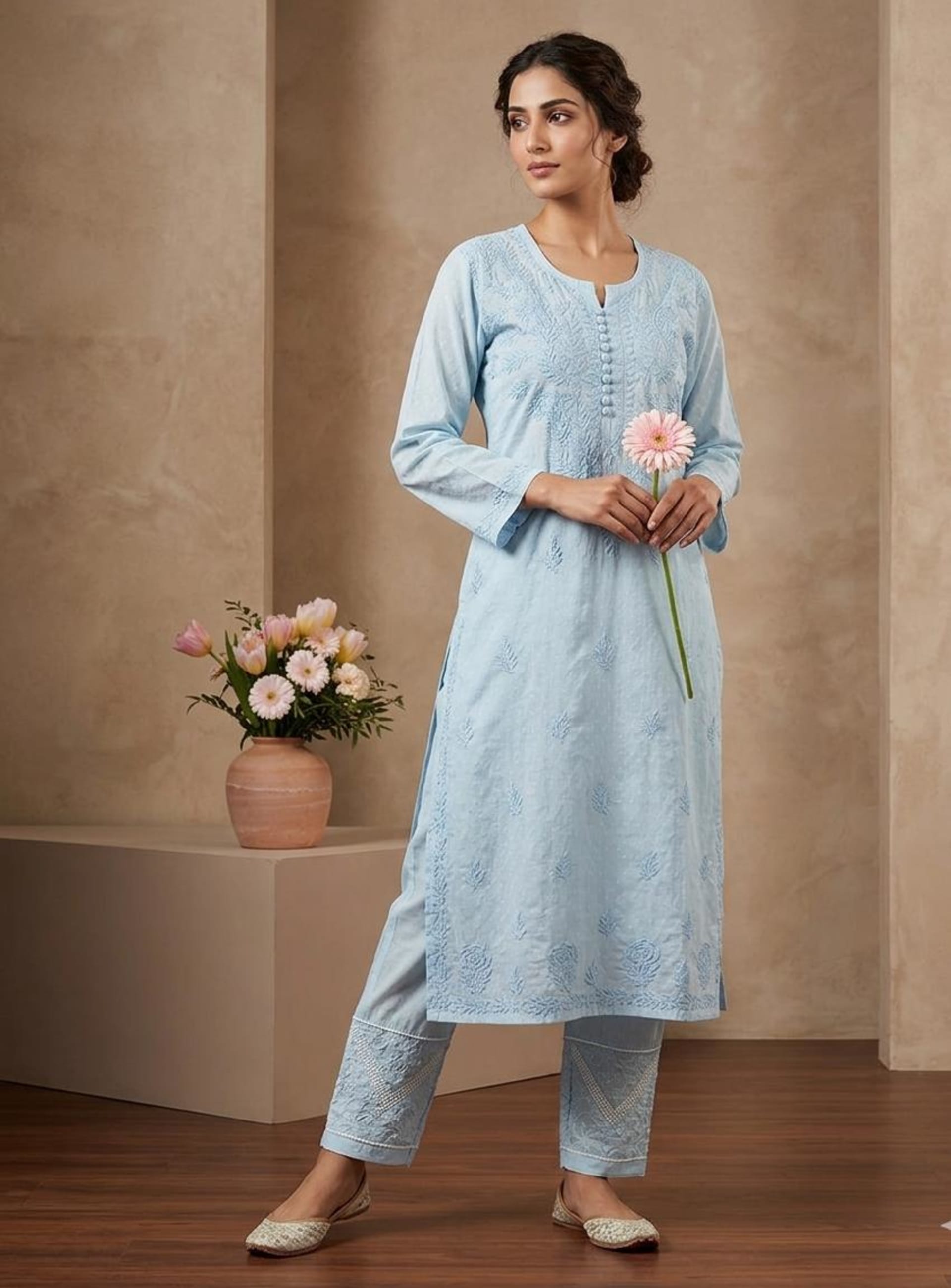 Virasat – Tone-on-Tone Handwork Chikankari Kurti with Matching Embroidered Pant Lucknowi Chikankari - Full view 1