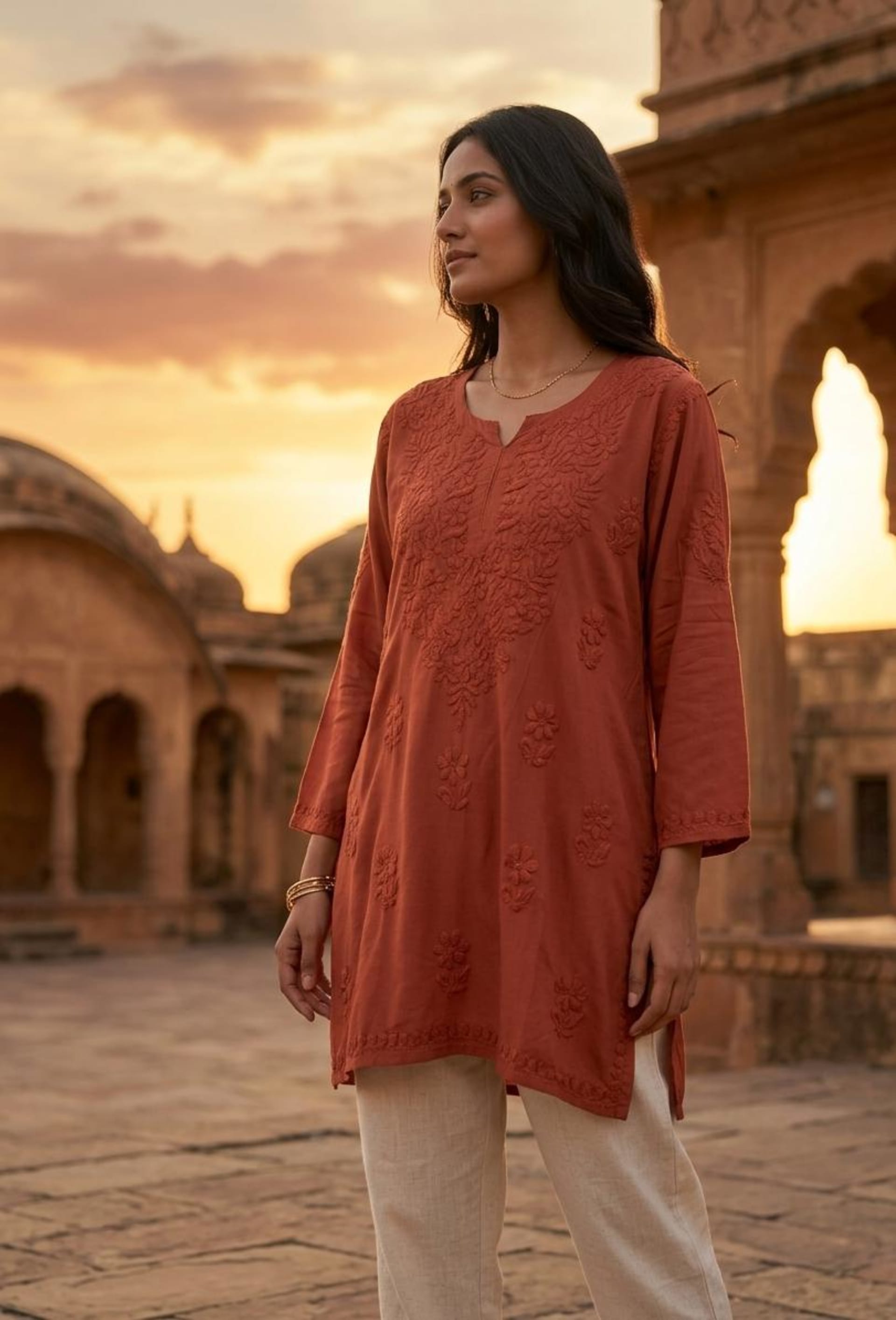 NAZAKAT NOOR – Lucknowi Handwork Chikankari Short Top Lucknowi Chikankari - Full view 1