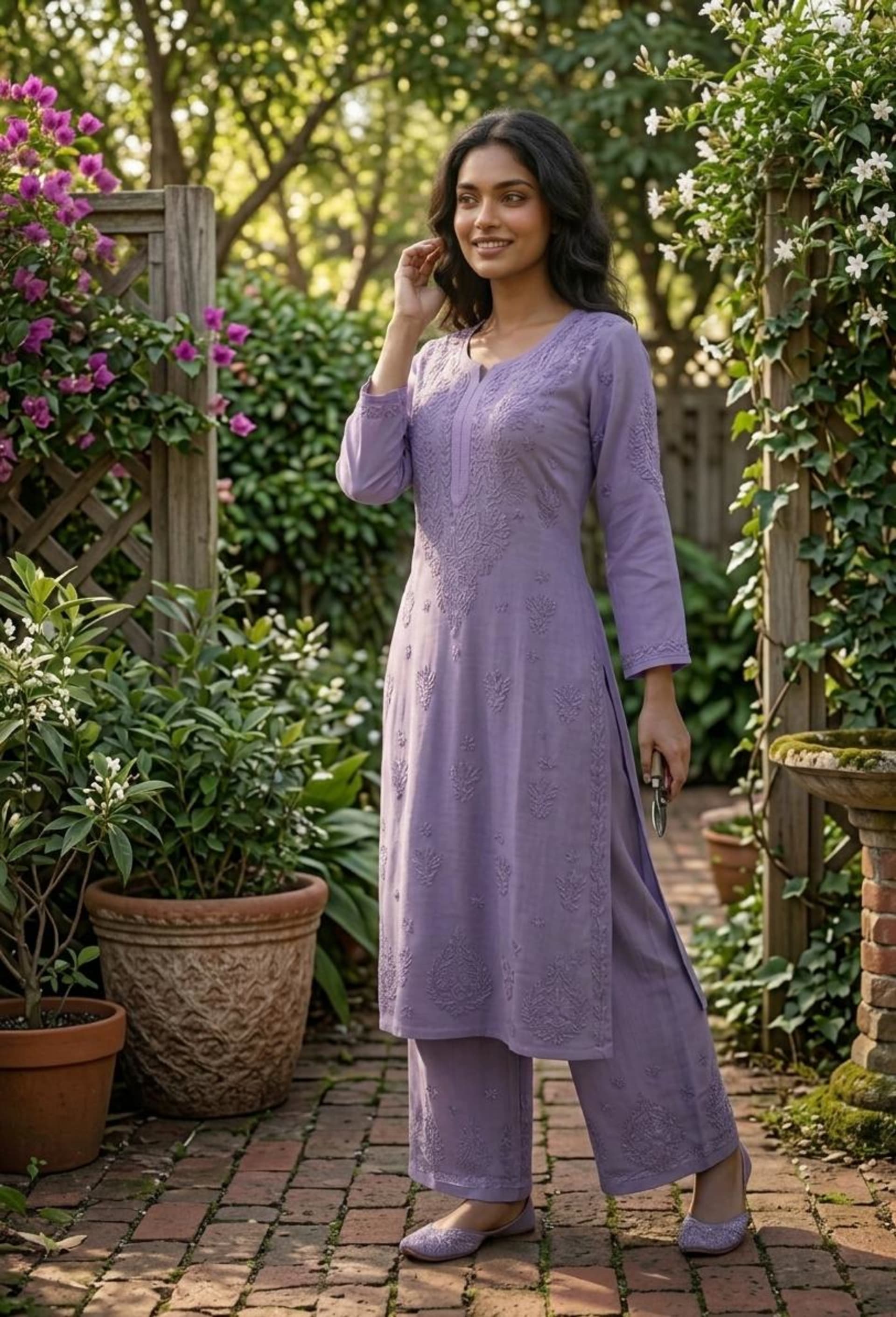 Rang-e-Awadh Tone-to-Tone Palazzo Set Lucknowi Chikankari - Full view 1