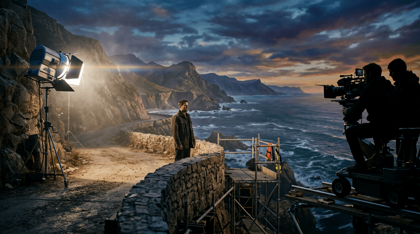 Hero. A film set where a practical foreground set ends abruptly and continues as a generated environment