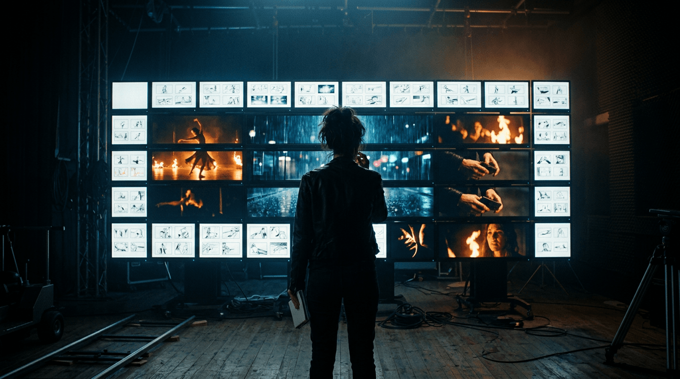 Hero. A director standing before a large monitor wall of sequential AI-generated storyboard frames in a dark studio