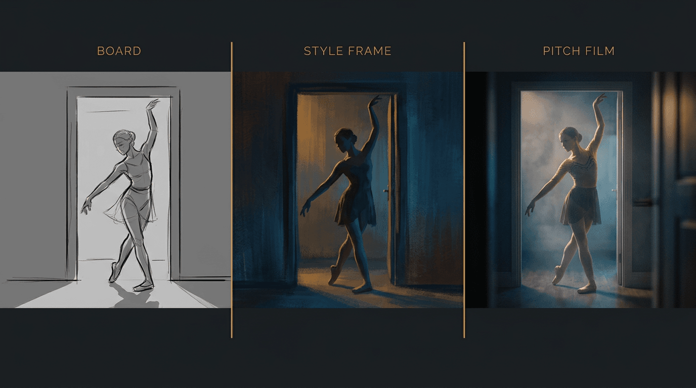 Progression strip showing the same scene as a rough board, then a style frame, then a finished pitch-film frame
