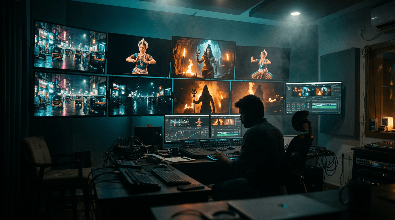 Hero. A wall of monitors in a dark Indian production studio showing AI-generated frames from different films, one editor watching