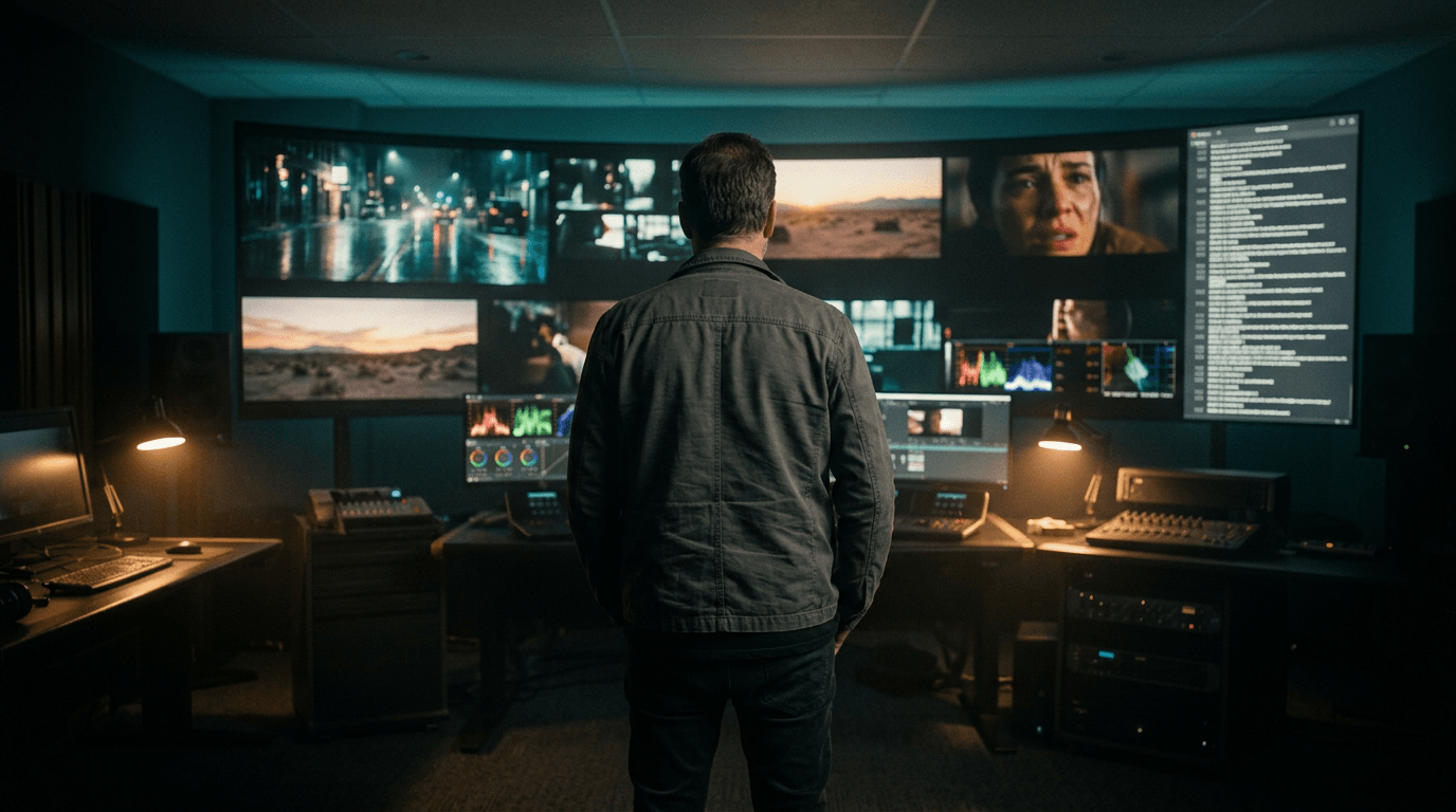 Hero. A darkened studio monitor wall showing multiple AI-generated film frames and a news ticker, a director in silhouette reviewing them