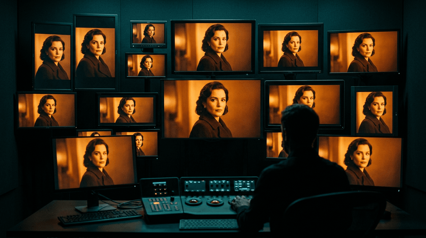 Consistency system visual — the same character frame repeated across a wall of varied screens, identical in style and lighting