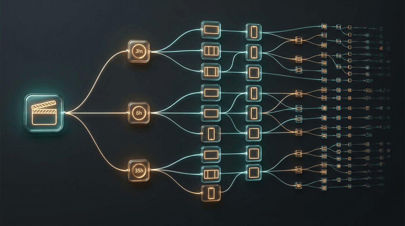 Cutdown tree diagram — one master film node branching into duration, aspect, language, and offer variants