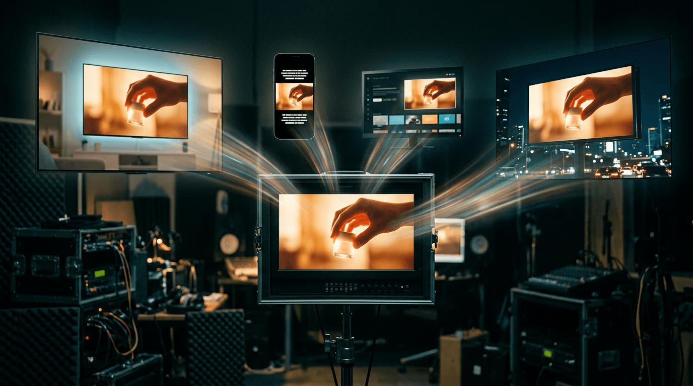 Hero image — one cinematic master frame on a director's monitor fanning out into many screens: a TV, a vertical phone, a connected TV interface, and a street billboard