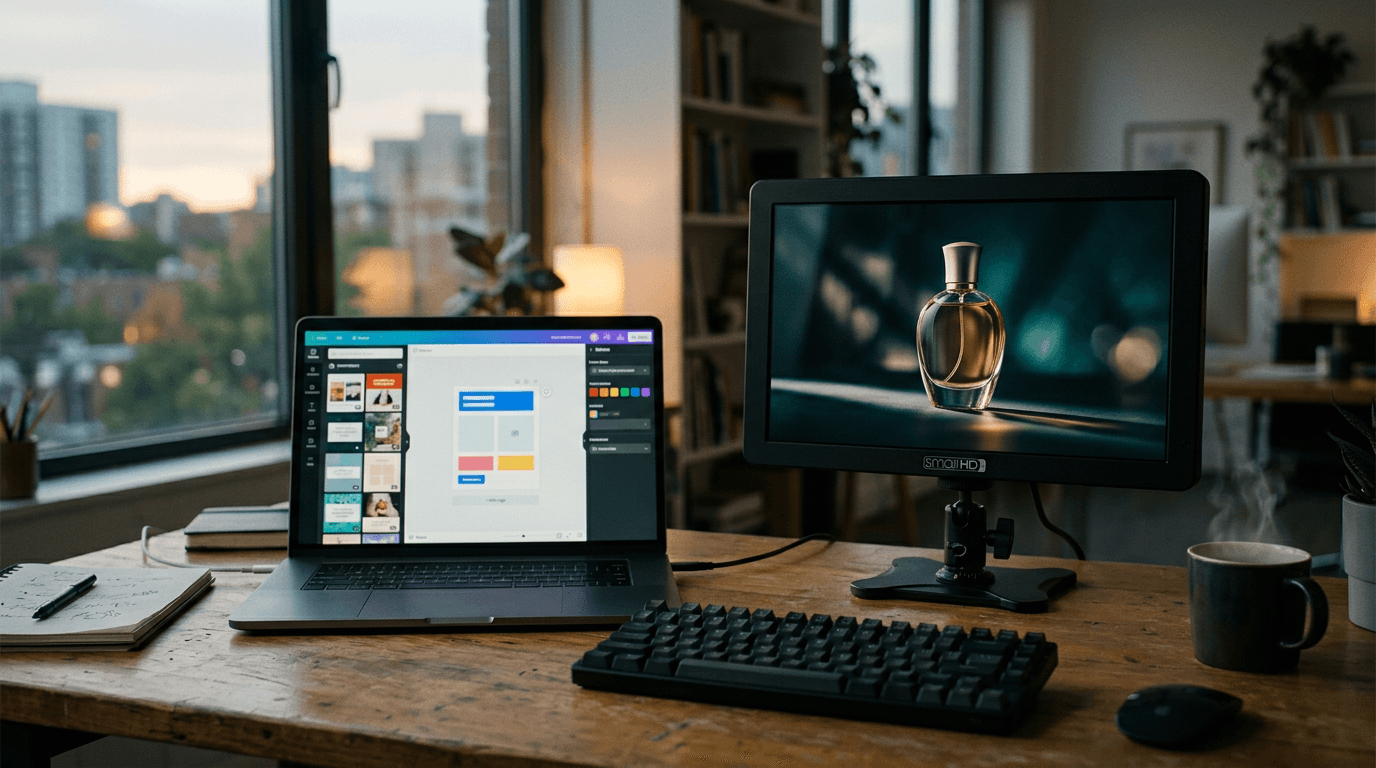 Hero image — a laptop running a template-based ad generator UI beside a director's field monitor showing a cinematic AI-produced commercial frame